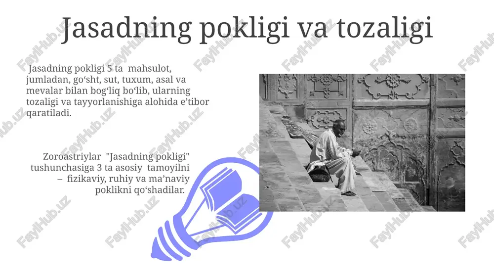 lari – humta (yaxshi fikr), xuta (yaxshi so'z) va xurdata (yaxshi amal) alohida ahamiyatga ega bo'lib, inson hayotining barcha sohalarida ularga amal qilish ta'kidlanadi. zoroastrizm va zamonaviy dunyo o'zbekistondagi 15000 dan ortiq zaratushtriylar jamoasining madaniy merosini saqlash va rivojlantirishga qaratilgan 5 ta davlat dasturi amalga oshirilmoqda. zaratushtriy etikasining ekologik tamoyillariga asoslangan 3 ta yirik xalqaro tashkilot yaqin yillarda 1 million dollardan ortiq mablag' yig'di va tabiatni muhofaza qilishga yo'naltirdi. o'lim va oxirat haqidagi tasavvurlar 01 02 o'limdan keyin qiyomat kuni 1000 yillik davom etadi, deb ishoniladi va bu davrda jonlar o'z qilmishlari uchun javobgar bo'ladi. sales 1st qtr 2nd qtr 100 0 sales 1st qtr 2nd qtr 100 0 muhim marosimlar: navroz va boshqalar yasna seriyasi, 72 bobdan iborat muqaddas matnlardan iborat bo‘lib, ahura mazda’ga bag‘ishlangan ibodatlarni o‘z ichiga oladi va har bir zoroastriyning ruhiy hayotining muhim qismidir, ularning hayotiy qarashlarini shakllantiradi. navro‘z, 365 kunlik quyosh yili boshlanishini nishonlaydigan zoroastriylar …