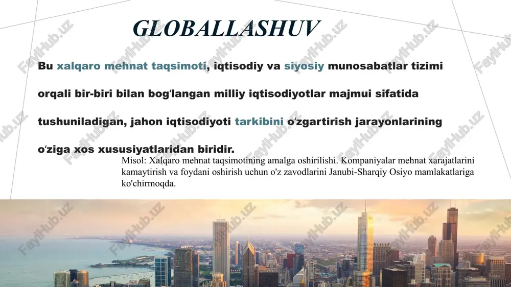 manbalariga o'tish istiqbolli yo'nalishdir. bunga quyosh, shamol va boshqa qayta tiklanadigan energiya manbalarini rivojlantirish kiradi. - barqaror iqtisodiy o'sish: davlatlar barqaror rivojlanish strategiyalarini ishlab chiqishlari zarur. bu strategiyalar ijtimoiy, iqtisodiy va ekologik jihatlarni birlashtirishi kerak. xalqaro hamkorlik - global muammolarni hal etish: iqlim o'zgarishi, migratsiya va iqtisodiy inqiroz kabi muammolarni hal qilish uchun xalqaro tashkilotlar va davlatlararo hamkorlik muhim ahamiyatga ega. - birlashgan millatlar tashkiloti: yuzaga kelayotgan muammolarni hal qilishda bmt va boshqa xalqaro tashkilotlar orqali hamkorlikni kuchaytirish kerak. 9 texnologik rivojlanish - sun'iy intellekt: texnologik innovatsiyalar, jumladan, sun'iy intellekt va raqamli iqtisodiyot, muammolarni hal qilishda katta imkoniyatlar yaratadi. - innovatsion yechimlar: muammolarni hal qilish uchun yangi texnologiyalar va yangi ish usullarini joriy etish zarur. madaniy diversifikatsiya - turli madaniyatlarni qo'llab-quvvatlash: madaniy xilma-xillik va erkin ifoda o'zaro hurmat asosida rivojlanishi kerak. bu, o'z navbatida, global muammolarga qarshi kurashda yordam beradi. - madaniy almashuvlarni kuchaytirish: madaniy almashuvlar ko'proq qo'llab-quvvatlanishi va rivojlanishi …