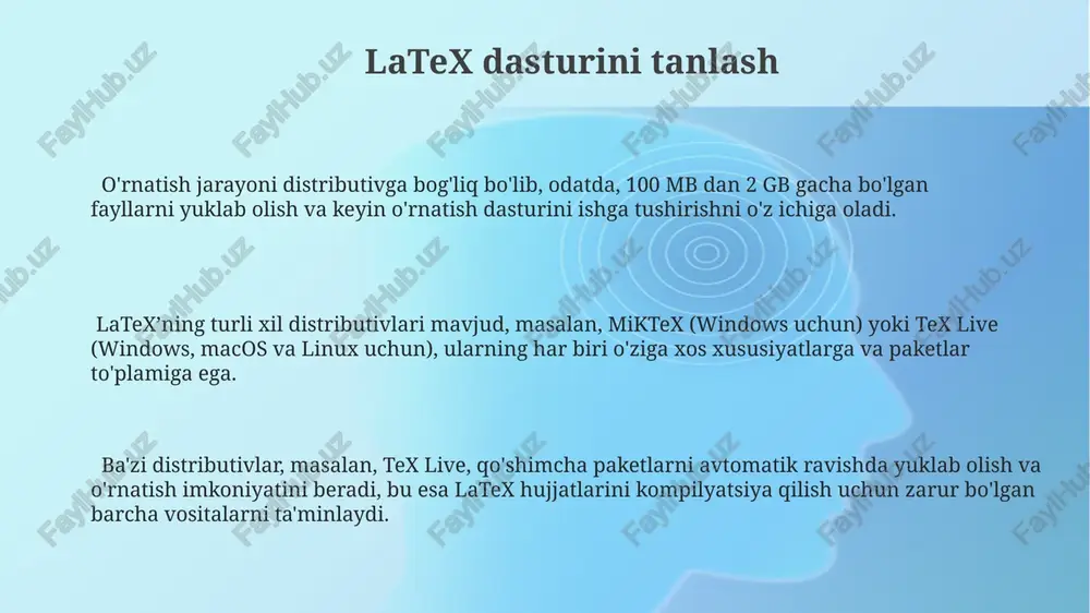 bo'sh disk maydoni talab qilinishi mumkin. shuning uchun, diskda yetarli bo'sh joy borligiga ishonch hosil qiling. miktex yoki tex live kabi latex taqsimotlarini o'rnatish jarayonida paydo bo'lishi mumkin bo'lgan xatolarni bartaraf etish uchun, rasmiy veb-saytlarida mavjud bo'lgan 100 dan ortiq yordamchi hujjatlarni o'qish tavsiya etiladi. latex o'rnatishda 32-bit yoki 64-bit operatsion tizimiga mos keladigan to'g'ri paketni tanlash muhim, aks holda dastur noto'g'ri ishlaydi yoki umuman ishga tushmaydi. qo'shimcha paketlarni o'rnatish katta hajmdagi paketlarni o'rnatish vaqt talab qiladi, 100 dan ortiq paketlarni o'rnatish jarayoni 30 minutdan ko'proq davom etishi mumkin. shuning uchun kerakli paketlarni aniq belgilash muhim. `tlmgr` yoki `miktex` konsol buyruqlari yordamida 200 dan ortiq latex paketlarini bir vaqtning o'zida yoki guruhlarga bo'lib o'rnatish imkoniyati mavjud. ushbu buyruqlar paketlarning versiyalariga bog'liq bo'ladi. ba'zi latex paketlari, masalan, "amsmath" yoki "graphicx", standart o'rnatishda mavjud emas va ularni alohida `texlive` yoki `miktex` paket menejerlari orqali, `sudo apt-get install texlive-lang-cyrillic` kabi buyruqlar bilan o'rnatish …