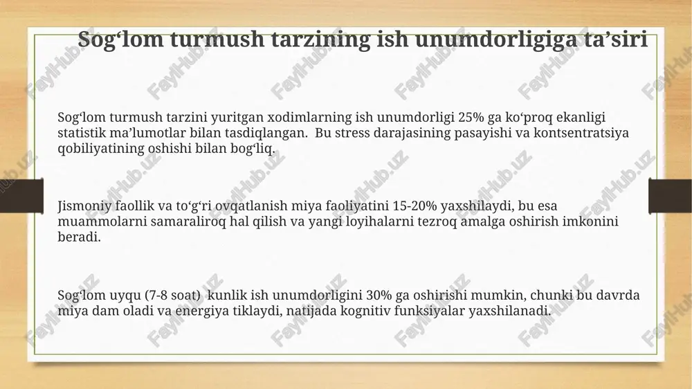 a kuchaytiradi. surunkali kasbiy stress immunitet tizimini zaiflashtirib, yuqumli kasalliklarga chalinish ehtimolini 2-3 baravar oshirishi mumkin. ish joyidagi stress depressiya va xavotirlilik kabi ruhiy salomatlik muammolarining rivojlanishiga olib kelishi mumkin, bu esa ish unumdorligini 20% gacha pasaytiradi. e'tiboringiz uchun rahmat @taqdimot_robot image3.png image4.png