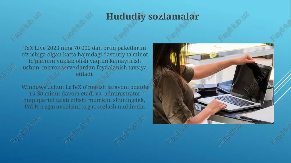 h imkonini beradi, bu esa disk maydonini tejashga yordam beradi. ba'zi hollarda, tug'ri ishlashi uchun 10 dan ortiq qo'shimcha paketlarni qo'lda yuklab olish talab qilinishi mumkin. kompilyatsiya qilish kompilyatsiya jarayoni latex kodini pdf hujjatga aylantirish uchun kerak bo'lgan 2 ta asosiy bosqichdan – tokenlash va daraxt tuzilishi yaratishdan iborat. kompilyatsiya tezligi protsessorning tezligiga, ram hajmi va kodning murakkabligiga bog'liq bo'lib, odatda bir necha soniyadan bir necha minutgacha davom etadi. paketlarni boshqarish paketlarga bog'liqliklar mavjud bo'lishi mumkin, ya'ni bitta paket boshqa paketlarga tayanishi mumkin, shuning uchun o'rnatish jarayoni bir nechta paketlarni yuklab olishni talab qilishi mumkin. paketlarni o'rnatish va o'chirish uchun `tlmgr` buyrug'idan foydalaniladi, masalan, `tlmgr install amsmath` buyrug'i amsmath paketini o'rnatadi. e'tiboringiz uchun rahmat @taqdimot_robot image1.jpg image2.jpg image3.jpg image4.jpg image5.jpg image6.jpg image7.jpg image8.jpg image9.jpg image10.jpg image11.jpg image12.jpg