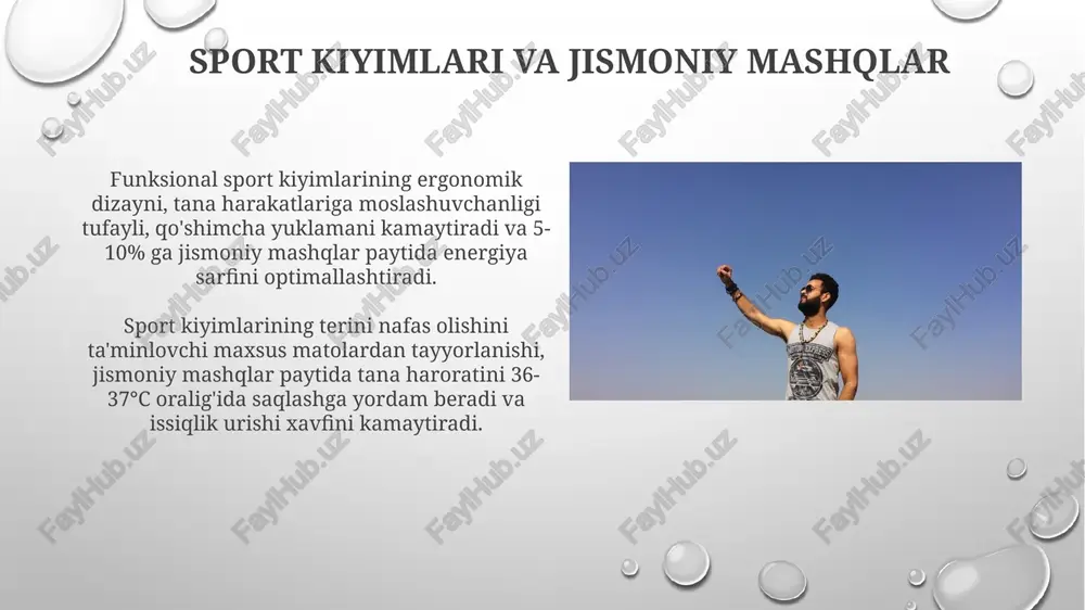 i va teri kasalliklari xavfini oshiradi. kuniga kamida 2 litr suv iste'mol qilish terining elastikligini va sog'lom ko'rinishini saqlashda muhim ahamiyatga ega, bu esa umuman sog'lom kiyim tanlashga imkon beradi. mato turlari va allergiya mato tarkibidagi kimyoviy moddalar, masalan, formaldegid yoki bo'yoqlarning 10% gacha bo'lgan qismi terining allergik reaksiyalariga, dermatit va ekzema kabi kasalliklarga olib kelishi mumkin. sun'iy matolardan tayyorlangan kiyimlar terining nafas olishiga to'sqinlik qilib, 37°s dan yuqori haroratda terlashni kuchaytiradi va bakteriyalar ko'payishi uchun qulay muhit yaratib, terining tirnash xususiyatiga olib keladi. e'tiboringiz uchun rahmat @taqdimot_robot image3.png image4.jpg image5.jpg image6.jpg image7.jpg image8.jpg image9.jpg image10.jpg image11.jpg image12.jpg image13.jpg image14.jpg image15.jpg image1.png
