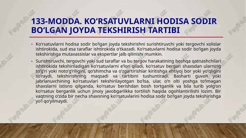chon, qanday sharoitda oʻtkazilganligi; qanday joylar va narsalar koʻzdan kechirilganligi; hodisa sodir boʻlgan joyda berilgan koʻrsatuvlarning mazmuni qandayligi; hodisaning sharoiti va holatlarini tiklash nimada oʻz aksini topganligi; shaxs oʻzining avvalgi koʻrsatuvlariga qanday aniqliklar kiritganligi koʻrsatilishi lozim. image1.jpg /docprops/thumbnail.jpeg