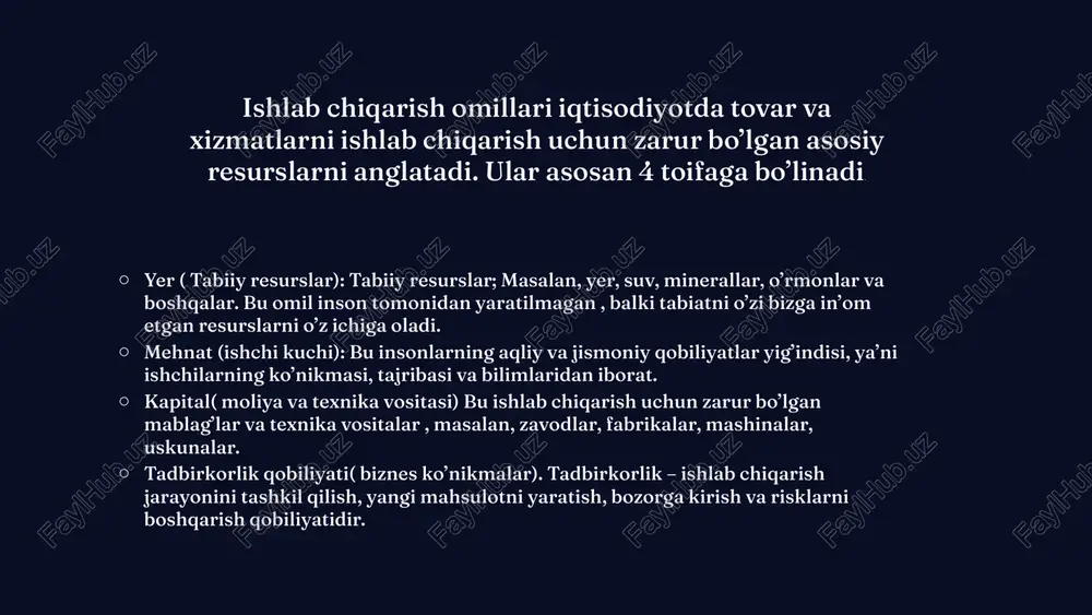 oylashuv, iqtisodiy sharoitlar, texnologik taraqqiyot, davlat siyosati, xalqaro bozordagi ta'sirlar va tabiiy omillarga asoslangan holda shakllanadi. agar talab oshsa yoki taklif pasaysa, narxlar ko'tariladi; aksincha, taklif ko'p bo'lsa va talab past bo'lsa, narxlar pasayadi. texnologik yangiliklar va davlat siyosati ham narxlarni o'zgartirishi mumkin. tabiiy ofatlar va ob-havo sharoitlari ham narxlarning o'zgarishiga olib kelishi mumkin. shunday qilib, tabiiy resurslar narxining shakllanishi murakkab va ko'p jihatdan o'zaro bog'liq jarayonlardir. yer (tabiiy resurslar) mehnat bozorda ishchi kuchi narxi, ya'ni mehnat narxi, taklif va talab, malaka darajasi, iqtisodiy sharoitlar, mehnat qonunchiligi va davlat siyosatiga asoslanib shakllanadi. agar ish kuchiga talab yuqori bo'lsa yoki malakali ishchilar kam bo'lsa, narxlar oshadi. aksincha, agar ishchilar ko'p bo'lsa va talab past bo'lsa, narxlar pasayadi. iqtisodiy o'sish, inflyatsiya va ishsizlik darajasi ham mehnat narxlariga ta'sir qiladi. davlat tomonidan belgilangan minimum ish haqi va mehnat shartnomalari ham narxlarni o'zgartirishi mumkin. shunday qilib, mehnat bozori murakkab omillar ta'sirida rivojlanadi. mehnat ( …