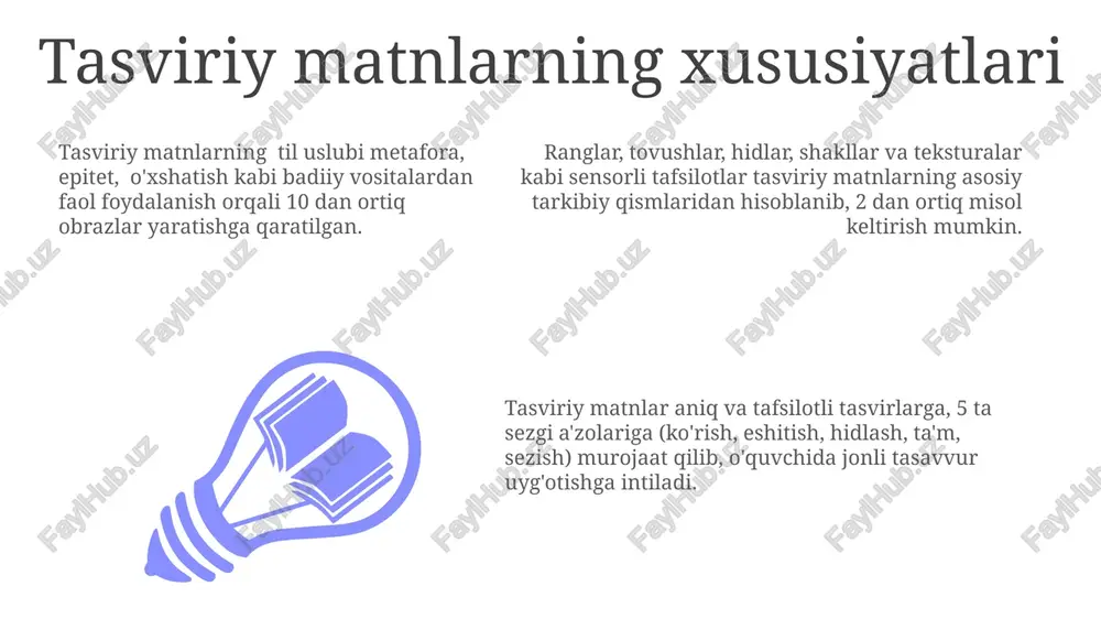 lar, xulosa) foydalaniladi. tasviriy matnlar tasviriy matnlar 5 ta sezgi a’zolariga (koʻrish, eshitish, hid bilish, ta’m bilish, sezish) murojaat qilib, o'quvchida aniq va jonli tasavvur uyg'otadi, ba’zan 2-3 ta sezgi a’zolari bilan bog'liq bo'lishi mumkin. tasviriy matnlarda o'xshashliklar (metaforalar, allegoriyalar), epitetlar va akslantirishlar kabi badiiy vositalar keng qo'llanilib, 70% dan ortiq bo'lishi mumkin. tasviriy matnlarning asosiy xususiyati – tafsilotlarning boyligi va obrazlilikdir; 10 dan ortiq sifatlar va metaforalar yordamida tavsif beriladi. rivoyat matnlar ko'plab rivoyatlarda 7-10 tadan ortiq turli voqea va syujet elementlarini uchratish mumkin, bu esa matnning dramatik va emotsional jihatlarini kuchaytiradi. rivoyatlarda asosan narrativ (rivoyat qilish) turidagi nutq usulidan foydalaniladi, holatlarni hikoya qilish va tasvirlashga 20-30% dan ortiq boshqa usullar aralashadi. rivoyat matnlarida voqealar xronologik tartibda, 1-2 ta asosiy qahramon atrofida rivojlanib, ko'pincha 3-4 ta yordamchi personajlarni o'z ichiga oladi. bahs-munozarali matnlar munozarali matnlarning samaradorligi, muallif tomonidan kamida 3 ta turli manba va statistik ma’lumotlardan foydalanishiga bog’liq. bahs-munozarali …