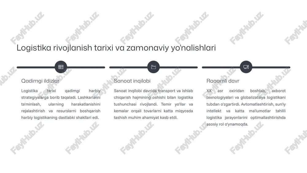 ib berish vaqtini qisqartirish va mijozlarga tezkor xizmat ko‘rsatish. sifatni oshirish mahsulot va xizmat ko‘rsatish sifatini doimiy ravishda yaxshilash. bularning barchasi mijozlarning qoniqishini oshirishga va kompaniyaning bozordagi raqobatbardoshligini mustahkamlashga xizmat qiladi. logistikada har bir qadam sinchkovlik bilan rejalashtirilishi va amalga oshirilishi kerak. logistika faoliyatining asosiy yo‘nalishlari logistika faoliyati bir qator o‘zaro bog‘liq yo‘nalishlarni qamrab oladi, ularning har biri umumiy tizimning samaradorligini taʼminlashda muhim rol o‘ynaydi. bu yo‘nalishlar birgalikda tovarlarning harakatini optimallashtirishga va xarajatlarni kamaytirishga xizmat qiladi. tashish va yuk tashish yuklarni avtomobil, temir yo‘l, havo va dengiz transporti orqali tashishni rejalashtirish, boshqarish va optimallashtirish. ombor va zahiralar omborxonalarni boshqarish, mahsulotlarni saqlash, inventarizatsiya nazorati va zahiralarni optimallashtirish. axborot tizimlari maʼlumotlarni yig‘ish, qayta ishlash, tahlil qilish va almashish uchun texnologik platformalarni yaratish va qo‘llash. tijorat va moliyaviy oqimlar yetkazib berish shartnomalari, to‘lovlar, sug‘urta va boshqa moliyaviy operatsiyalarni muvofiqlashtirish. ushbu yo‘nalishlarning har biri kompleks yondashuvni talab qiladi va ularning integratsiyasi logistika tizimining umumiy …