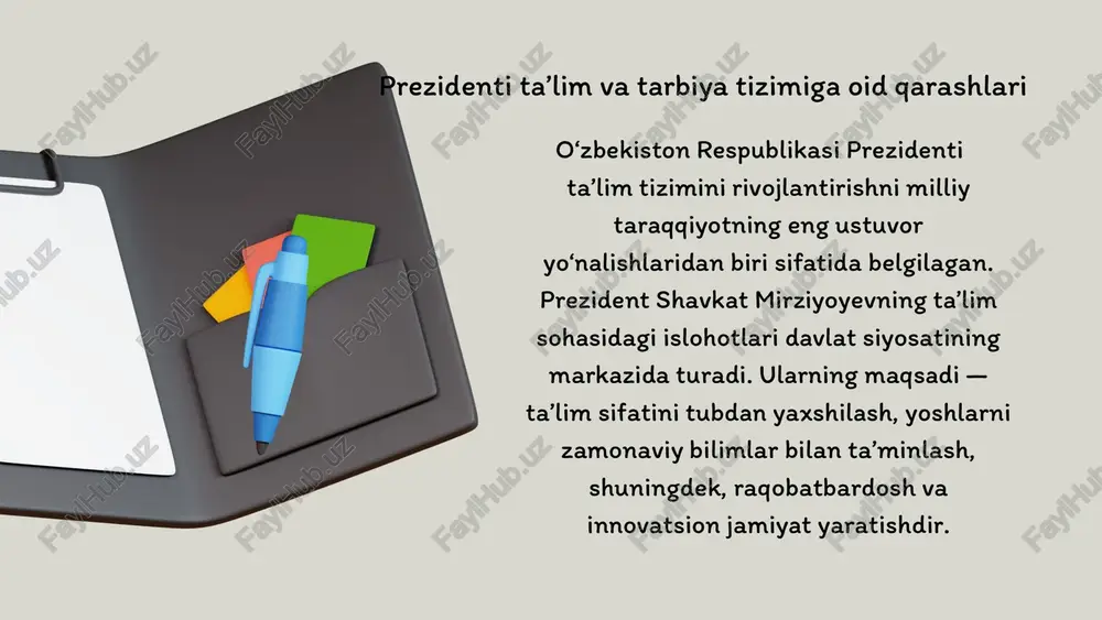 beqiyos ahamiyatga ega ekanligini ko‘p bor ta’kidlagan. tarbiya, ayniqsa, yosh avlodni milliy qadriyatlar, ma’naviyat va vatanparvarlik ruhida shakllantirish uchun muhim vosita hisoblanadi. milliy g‘oya va qadriyatlarni asrab-avaylashdagi prezident qarashlari prezidentning fikricha, milliy g‘oya — bu mustaqil davlatimizning asosi, u jamiyatni birlashtiruvchi kuch, yoshlarni milliy ruhda tarbiyalashning poydevoridir. tarbiya jarayonida milliy an’analar, tarix, madaniyat va tilni avaylash zarur. bu yoshlarning o‘zligini anglashiga, mustahkam ijtimoiy birlikka erishishiga xizmat qiladi. milliy g‘oya va qadriyatlarni asrab-avaylashdagi prezident qarashlari prezident shavkat mirziyoyevning so‘zlarida milliy qadriyatlar yoshlar ongida munosib o‘rin egallashi, zamonaviylik va milliylik uyg‘unligi ta’minlanishi kerakligi qayd etilgan. milliy g‘oya va qadriyatlarni saqlab qolish orqali mamlakatimizning mustaqilligi, suvereniteti mustahkamlanadi. tarbiyada ma’naviyat, vatanparvarlik, halollik kabi asosiy tamoyillar prezident ta’kidlaydiki, ma’naviyat — har bir insonning ruhiy dunyosini boyitadigan, uni hayotga, jamiyatga munosabatini belgilaydigan asosiy omildir. halollik, adolat, mas’uliyat kabi insoniy fazilatlar tarbiyalash jarayonining ajralmas qismidir. bu tamoyillar har bir shaxsning hayotda muvaffaqiyat qozonishi va jamiyatda hurmat qozonishi …