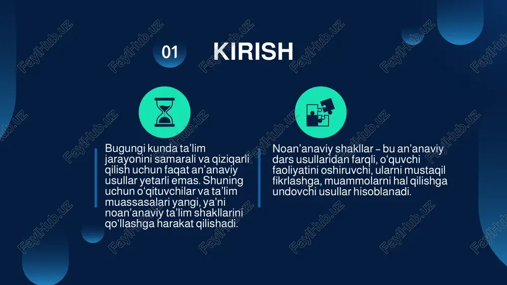 rganish jarayonining faol ishtirokchisi sifatida o‘rnatadi. bu ta’lim usuli o‘quvchilarni mustaqil fikrlashga undaydi, ularning bilimlarni amalda qo‘llash qobiliyatini oshiradi hamda darsni yanada qiziqarli va samarali qiladi. loyihalar asosida ta’lim o‘quvchilar mustaqil yoki guruhda muayyan mavzu bo‘yicha loyiha tayyorlaydi. bu jarayon ularni mustaqil ishlashga, izlanishga o‘rgatadi. loyihani amalga oshirish uchun talabalar mavzuni chuqur o‘rganishlari, kerakli ma’lumotlarni to‘plashlari va tahlil qilishlari zarur bo‘ladi. loyihalar asosida ta’lim .shuningdek, loyiha davomida ular rejalashtirish, vaqtni boshqarish, jamoa ichida vazifalarni taqsimlash kabi muhim ko‘nikmalarni rivojlantiradilar. loyihalar nafaqat bilimlarni amaliyotga tadbiq etishga yordam beradi, balki o‘quvchilarda ijodkorlik va innovatsion fikrlashni ham shakllantiradi. loyihalar asosida ta’lim loyihalar o‘quvchilarda ijodkorlik, mas’uliyat va mustaqillikni shakllantiradi hamda amaliy bilimlarni mustahkamlashga xizmat qiladi. loyiha yakunida talabalar o‘z ishlarini taqdimot shaklida boshqalar oldida himoya qilishadi, bu esa ularning nutq ko‘nikmalari va ishonchini oshirishga yordam beradi. shu tariqa, loyihalar asosida ta’lim nafaqat bilim olish, balki shaxs sifatida rivojlanish uchun ham samarali vosita hisoblanadi. muammoli …