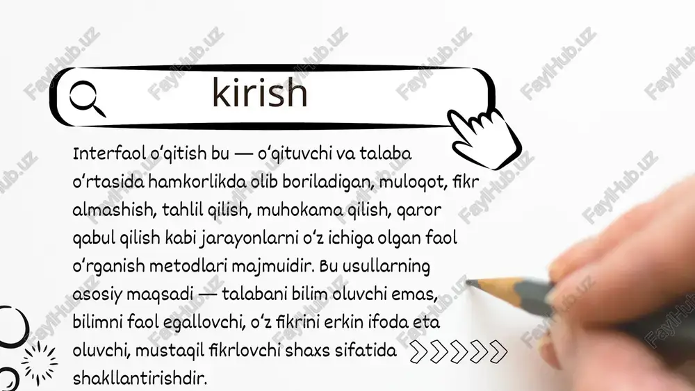 ish. turli fikrlarni taqqoslab baholash, rad etmasdan muhokama qilish. har bir talabaga fikr bildirish imkoniyatini yaratish — hatto u noto‘g‘ri bo‘lsa ham. misol debat jarayonida bir talabaning fikri ommaviy qarashlarga zid bo‘lishi mumkin. o‘qituvchi bu paytda uning fikrini qonuniy va ahamiyatli mulohaza sifatida e’tirof etadi. bu orqali talabaga: “sen ham muhimsan. sen o‘z fikringni aytishga haqlisan.” — degan signal uzatiladi. natijasi darsda insoniy hurmat ustuvor bo‘ladi. talaba fikr bildirishdan cho‘chimaydi. darslarda fikrlar xilma-xilligi yuzaga keladi. talaba faollashadi, o‘zini dars jarayonining teng huquqli ishtirokchisi deb his qiladi. refleksiya tamoyili “talaba o‘zining faoliyatini tahlil qiladi, xatolarni anglaydi.” refleksiya — bu o‘z-o‘zini tahlil qilish, baholash va o‘z ustida ishlashga yo‘naltirilgan ichki fikrlash jarayonidir. interfaol o‘qitishning eng muhim tamoyillaridan biri sifatida refleksiya orqali talaba bilim oladi, refleksiya tamoyili bu usul orqali talaba o‘rganganini tushunadi, qadrlaydi va tahlil qiladi. oddiy qilib aytganda, refleksiya — bu o‘qishning ichki tomoniga nazar tashlash, “men bugun nima o‘rgandim?”, “nimasi …