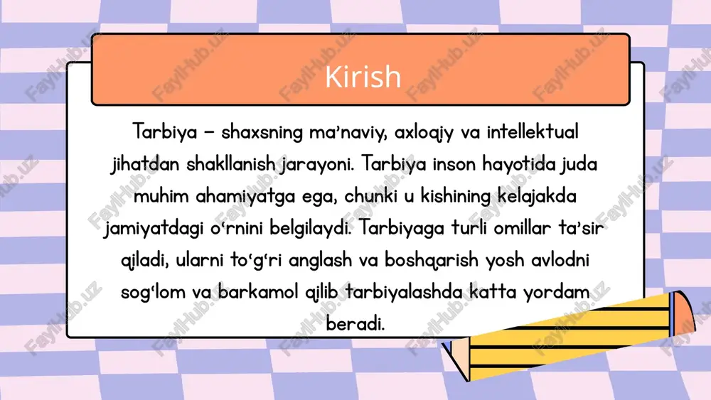 ot vositalari (oav) televizor, radio, gazeta, jurnal kabi an’anaviy oav tarbiyaga ta’sir qiladi. mazmuni va sifati tarbiyaviy jarayonga ijobiy yoki salbiy ta’sir ko‘rsatadi. tashqi omillar 5) internet va ijtimoiy tarmoqlar zamonaviy yoshlar uchun muhim axborot manbai va muloqot maydoni. ijobiy bilim olish, muloqot qilish imkoniyatini beradi. ammo, zararli kontent va noto‘g‘ri ma’lumotlar salbiy ta’sir ko‘rsatishi mumkin. media va raqamli vositalarning tarbiyaga ta’siri internet va ijtimoiy tarmoqlar yosh ongiga qanday ta’sir qiladi? internet, tiktok, youtube, telegram kabi platformalar yoshlarning kundalik hayotining ajralmas qismiga aylangan.bu vositalar orqali ular turli ma’lumotlar, ko‘ngilochar kontent va yangiliklarga erkin kirish imkoniga ega. media va raqamli vositalarning tarbiyaga ta’siri ijobiy kontentning ta’siri ta’lim, ma’rifat, sog‘lom turmush tarzi haqida videolar va materiallar. ijtimoiy faollik, madaniyat, san’at va sportga oid kontent. yoshlarni motivatsiya qilish, yangi ko‘nikmalarni o‘rgatish. media va raqamli vositalarning tarbiyaga ta’siri salbiy kontentning xavfi nojo‘ya, zo‘ravonlik, noto‘g‘ri axloqiy qadriyatlarni targ‘ib qiluvchi materiallar. ma’lumotlarning noto‘g‘ri yoki buzilgan shaklda …