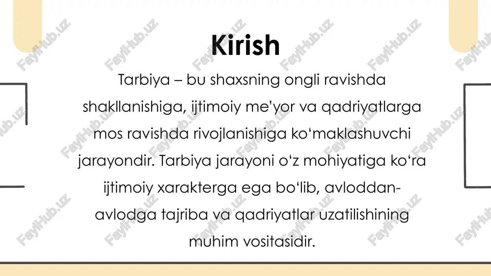 lantirish, organizmning bardamligini oshirish va jismoniy faollikni ta’minlashdir. jismoniy tarbiyaning vositalari: sport mashg‘ulotlari, jismoniy tarbiya darslari, yugurish, suzish, turli sport o‘yinlari, sog‘lom ovqatlanish va gigiyena qoidalari. jismoniy tarbiyaning asosiy jihatlari: tana harakatlari va jismoniy ko‘nikmalarni rivojlantirish; sog‘lom odatlarni shakllantirish (to‘g‘ri ovqatlanish, gigiyena qoidalariga rioya qilish); jismoniy mashqlar va sport bilan muntazam shug‘ullanishni odatga aylantirish; kasalliklarning oldini olish va organizmni mustahkamlash; ruhiy barqarorlik va stressga chidamlilikni oshirishga yordam berish. aqliy (intellektual) tarbiya shaxsning aqliy salohiyatini rivojlantirish, bilim va ko‘nikmalarini kengaytirish, mustaqil fikrlash, tahliliy va tanqidiy tafakkur qobiliyatlarini shakllantirish orqali ongli, bilimdon va ijodiy shaxsni tarbiyalash uchun xizmat qiladi. vositalari: ta’lim jarayoni, kitob o‘qish, ilmiy izlanishlar va faoliyat, muloqot va munozaralar, muammoli vaziyatlarda fikrlash, treninglar, intellektual o‘yinlar va eksperimentlar, axborot texnologiyalaridan foydalanish. ma’naviy-axloqiy tarbiya shaxsning axloqiy fazilatlarini, ijtimoiy me’yorlarga rioya qilishni, yuksak ma’naviy qadriyatlarni shakllantirish va mustahkamlash orqali jamiyatga foydali, halol va mas’uliyatli insonni tarbiyalash uchun xizmat qiladi. vositalari: axloqiy ta’limotlar, diniy …