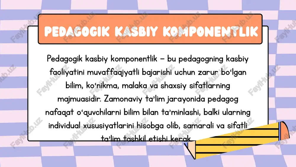 lar bilan samarali va noodatiy moloqot yuritish, guruh ishini tashkil etish. pedagogik kreativlik – dars jarayonida yangi metod, texnologiya, o‘yinlar, topshiriqlarni ishlab chiqish va qo‘llash. kreativlik turlari yangi o‘quv topshiriqlarini ishlab chiqish; interfaol o‘yinlar va treninglar; rolli o‘yinlar, bahs-munozaralar; vizual materiallar va texnologiyalardan foydalanish; o‘quvchilarning o‘z g‘oyalarini ilgari surishiga imkon berish. kreativlik shakllari: kasbiy bilimlar o‘qituvchining o‘z fani bo‘yicha chuqur bilimga ega bo‘lishi bilan birga, pedagogika, psixologiya, didaktika, metodika kabi sohalarda ham yetarli darajada tayyorgarlikka ega bo‘lishini talab etadi. fan bo‘yicha bilim — bu o‘qituvchining poydevori, lekin u yetarli emas. bu bilimni qanday yetkazish, qanday usullar bilan o‘rgatish va qanday natijaga erishish — bu pedagogik mahoratga taalluqli. kasbiy bilimlar o‘qituvchining pedagogik mahoratini rivojlantirish yo‘llari o‘z ustida muntazam ishlash ilmiy-ijodiy izlanishlar olib borish zamonaviy pedagogik texnologiyalarni o‘rganish tajriba almashish, seminar-treninglarda ishtirok etish o‘z faoliyatini tahlil qilish va xulosa chiqarish kasbiy bilimlar kreativlikni rag‘batlantirish usullari pedagog o‘z darslarini kreativ yondashuv asosida tashkil …