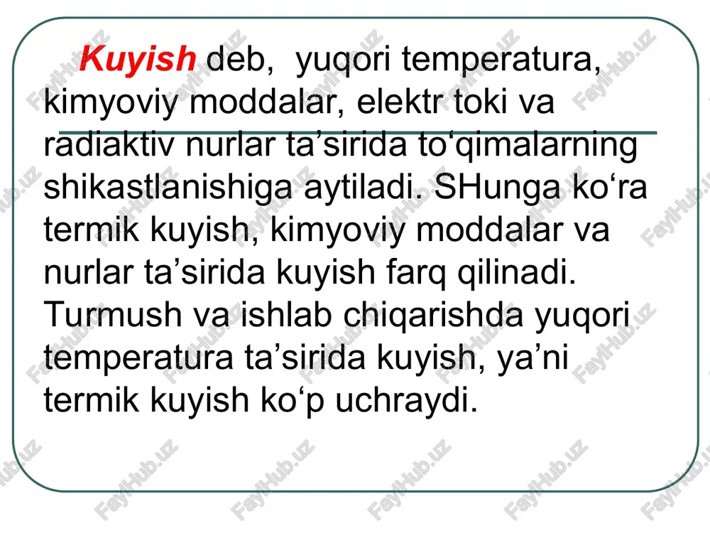 gan kishining darmoni qurib, eti uvishadi, harorati ko‘tariladi, boshi og‘riydi, ko‘ngli ayniydi. birinchi yordam terini spirt, odekalon bilan artishdan iborat. yuqorida ko‘rsatilgan o‘zgarishlar odatda bir sutka davom etadi. bu holat o‘tib ketgunicha bir necha kun davomida quyosh nuridan saqlanish lozim, so‘ngra qisqa muddatli quyosh vannasi qabul qilsa bo‘ladi. biror joyingizni kuydirib oldingizmi, bir necha daqiqa sovuq suvga tuting, toki teri ostida chuqurroq joylashgan to‘qimalar ham zararlanmasin. shuningdek, kuygan joyga muz qo‘yish ham mumkin. keyin esa qovoq yoki kartoshkani bo‘lib, qo‘yib turing. bo‘lakchalarni har ikki-uch daqiqada, og‘riq to‘xtamaguncha almashtirib turish lozim. yoki qora yoki ko‘k choyni damlab, sovitasiz. dokani choyga ho‘llab, kuygan joyga qo‘ysangiz ham bo‘ladi. xonangizga ko‘rkamlik bag‘ishlab turgan gullar kutilmaganda asqotishi mumkin. masalan, aloy yoki kaktusni kesib, kuygan joyga qo‘ysangiz, og‘riq kamayadi va jarohatlangan to‘qimalar tezroq tiklanadi. shifo bag‘ishlovchi gullardan biri patsimon kalanxoydir. ushbu o‘simlik sharbatida flavonoidlar, mikro- va makroelementlar, organik kislotalar bor. shuning uchun uni turli yaralar va …