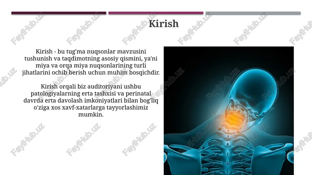 ning to'g'ri joylashuviga yordam beradi, o'zgarish esa migratsiya jarayonini buzadi. kranial stenoz kranial stenoz, odatda, bosh suyagining erta birikishi tufayli yuzaga keladi, bu holat kraniozsinostoz deb ataladi, bunda 1 yoki undan ortiq choklar erta yopiladi. kranial stenozning bir nechta turlari mavjud, masalan, sagittal sinostoz (bosh suyagining uzunligi ta'sirlangan) va koronal sinostoz (boshning kengligi ta'sirlangan), 10 000 tug'ilishdan 1 tasida uchraydi. diagnostika va davolash prenatal diagnostikada ultratovush tekshiruvi 18-22 haftalarda anomaliyalarni aniqlashda muhim rol o'ynaydi, mri esa qo'shimcha ma'lumot beradi. neyroxirurgik davolash spina bifida kabi nuqsonlarda nerv to'qimasini himoya qilish va funksiyasini yaxshilash uchun operatsiyalarni o'z ichiga oladi. e'tiboringiz uchun rahmat image2.jpg image3.jpg image4.jpg image5.jpg image6.jpg image7.jpg image8.jpg image9.jpg image10.jpg image11.jpg image12.jpg image13.jpg