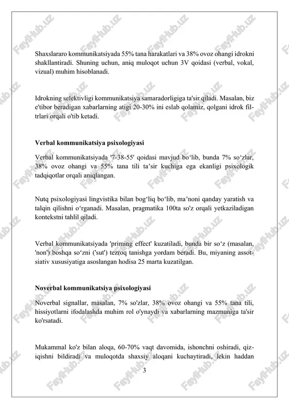 muhim. tadqiqotlar uning 30% gacha muloqotda farq qilishini ko'rsatadi. hissiy intellekt (ei) - bu o'zining va boshqalarning his-tuyg'ularini tushunish qobiliyati. yuqori ei darajasi 25% samaraliroq muloqotga olib keladi. madaniyatlararo kommunikatsiya madaniyatlararo kommunikatsiyada 'yuqori kontekst' madaniyatlari (masalan, yaponiya) yashirin ma'nolarga tayanadi, bunda 70% dan ortiq ma'no so'zlardan tashqari omillarda mujassam. tadqiqotlar shuni ko'rsatadiki, madaniyatlararo muzokaralarda 'vaqt' tushunchasi muhim rol o'ynaydi; ba'zi madaniyatlarda (masalan, germaniya) aniqlik vaqtga nisbatan qat'iylik 95% gacha bo'lishi mumkin. madaniyatlararo kommunikatsiyadagi 'yuzni saqlash' strategiyalari farqlanadi; osiyo madaniyatlarida, xatoga yo'l qo'yish xavfi 80% dan oshsa, to'g'ridan-to'g'ri tanqid oldini olish mumkin. guruhlarda kommunikatsiya guruxlarda axborot almashinuvi samaradorligini oshirish uchun "7 c" qoidalariga rioya qilish kerak: aniqlik, ixchamlik, aniqlik, to'liqlik, to'g'rilik, muloyimlik, izchillik. ijtimoiy ta'sir hodisalari, masalan, konformizm (guruh fikriga moslashish) va polarizatsiya (fikrning kuchayishi) guruhiy qaror qabul qilish jarayoniga sezilarli ta'sir ko'rsatadi. guruhlardagi kommunikatsiya uslublari, jumladan, tarqoq (markazlashmagan) yoki markazlashgan (bir liderga asoslangan) tarmoqlar, axborotning tezligi va aniqligiga ta'sir qiladi. …