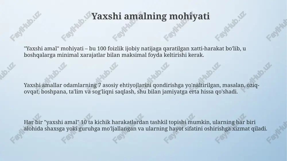 atlikni kuchaytiradi hamda ijobiy munosabatni shakllantiradi. jamiyatdagi ijobiy o'zgarishlar, masalan, 70% kamroq jinoyatchilik, yaxshi fikrlar va xatti-harakatlar orqali amalga oshiriladi, bu esa umumiy farovonlikni oshiradi. yaxshi fikrlar, masalan, ilm-fan sohasida 10 ta kashfiyotga olib kelishi va jamiyat rivojiga xizmat qilishi mumkin, bu esa innovatsiyalarni rag'batlantiradi. yaxshi amallar qilish usullari o'zingizning mahallangizda 5 nafar yolg'iz qariyalarga har oyda kamida bir marta moddiy yordam ko'rsatish, ularga zarur oziq-ovqat va dori-darmonlarni yetkazib berish yaxshi amaldir. ta'lim sohasiga hissa qo'shish, masalan, 3 nafar kam ta'minlangan oilaning bolalariga bepul repetitorlik qilish, ularning o'qishga bo'lgan qiziqishini oshiradi va kelajakda yaxshi natijalarga erishishiga yordam beradi. atrof-muhitni muhofaza qilishda faol ishtirok etish, har oyda 2 soat vaqt ajratib, parklarda yoki ko'chalarda chiqindilarni tozalash va 10 ta ko'chat ekish tabiatga befarq bo'lmaslikning bir ko'rinishidir. yaxshi fikrlashni o'rganish yo'llari kundalik minnatdorchilik amaliyoti 3 narsaga e'tibor qaratish orqali fikrlashni yaxshilaydi: ijobiy tomonlarni tan olish va o'zingizda bor narsani qadrlashni o'rgatadi. har …