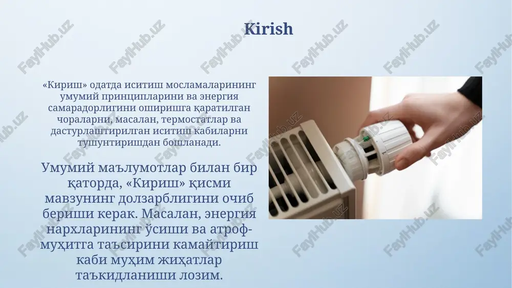 n 200 litrgacha bo‘lishi mumkin, bu esa oilaning ehtiyojiga qarab tanlanadi, masalan, 4 kishilik oila uchun 80 litr yetarli bo‘lishi mumkin. isitish elementining quvvati 1.2 kvt dan 3 kvt gacha o‘zgarishi mumkin, bu esa suvning isish tezligiga ta’sir qiladi; yuqori quvvat tezroq isitadi, ammo energiya sarfi ham yuqori bo‘ladi. sanoat elektr isitish asboblari sanoat elektr isitishda qarshilik isitgichlaridan keng foydalaniladi, ular metall chiziqlar orqali o'tadigan tokning qarshiligi natijasida 300 darajadan 1100 darajagacha haroratni hosil qiladi. induksion isitish metall qismlarni magnit maydon yordamida 85% gacha samaradorlik bilan tez va aniq isitadi, bu esa 50 gts dan 30 khz gacha bo'lgan chastotalarda ishlaydi. elektr isitish asboblaridan foydalanishda xavfsizlik choralari elektr isitgichlarni 220-240v kuchlanishli to'g'ri topraklangan rozetkaga ulang, haddan tashqari yuklanishdan saqlaning va ko'chma isitgichlarni suv manbalaridan kamida 1 metr uzoqlikda joylashtiring. isitgichning sirtini muntazam ravishda changdan tozalab turing, havoning aylanishini to'sib qo'ymaslik uchun hech qanday narsa bilan yopmang, ortiqcha qizib ketishdan saqlaning …