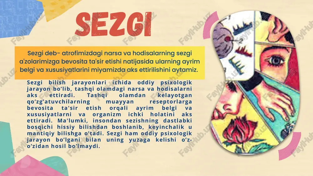 lati hamda harakatlari haqida ma'lumot (axborot, xabar) beruvchi muskullarda, bog’lovchi paylarda, mushaklarda joylashgan sezgilar, ya'ni proprioreseptiv sezgilar. ko’rish sezgilari insonlar tomonidan rang va yoruqlikni sezish ko’rish sezgilari orqali amalga oshadi va seziladigan ranglar xromatik va axromatik turlarga bo’linadi. psixofiziologik qonunga ko’ra yoruqlik nurlari uchburchak shisha prizma orqali o’tib singanda hosil bo’ladigan rang xromatik ranglar deb atalib, ularga kamalak ranglar, ya'ni qizil, zarg’aldoq, sariq, yashil, havo rang, ko’k, binafsha tuslarini qamrab oladi. odatda oq rang, qora rang, kulrang va ularning turlicha ko’rinishlari axromatik ranglar deb nomlanadi. eshitish sezgilari eshitish sezgilari tovushlarni eshitishdan iborat bo’lib, musiqaviy va shovqinli tovushlarni aks ettiradi. odatda tovushlar oddiy va murakkab turlarga ajratiladi, ularning birinchisi tonli, ikkinchisi esa bir necha tondan tashkil topadi. tonlardan biri asosiy ton hisoblanib, u tovushning balandigini, kuchini belgilaydi, boshqalari keluvchi tovushlar sanalib, ular obertonlar deyiladi. musiqa asboblaridan taralayotgan tovushlarning o’ziga xosligi fan tilida tembr deb ataladi. hatto nutq tovushlari ham ohangli tovushlar …