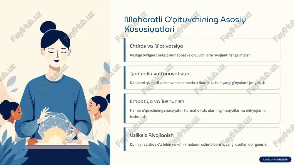 sh – bu bir martalik ish emas, balki doimiy va uzluksiz jarayon. taʼsir kuchi har bir oʻqituvchining mahorati oʻquvchilar hayotiga va kelajak jamiyatiga katta taʼsir koʻrsatadi. ilhomlantiruvchi rol oʻqituvchilar yosh avlod uchun bilim manbai, yoʻlboshchi va ilhomlantiruvchi shaxs boʻlishlari kerak. kelajak taʼlimi sizning qoʻlingizda! pedagogik mahoratingizni doimiy oshirib boring va har bir oʻquvchiga oʻz salohiyatini roʻyobga chiqarishga yordam bering. 10 image-1002-1.png image-1-1.png image-1003-1.png image-2-1.png image-2-2.png image-2-3.png image-2-4.png image-1004-1.png image-3-1.png image-1005-1.png image-4-1.png image-1006-1.png image-5-1.png image-5-2.png image-5-3.png image-5-4.png image-1007-1.png image-6-1.png image-6-2.png image-6-3.png image-6-4.png image-6-5.png image-6-6.png image-1008-1.png image-7-1.png image-7-2.png image-7-3.png image-7-4.png image-1009-1.png image-8-1.png image-8-2.png image-8-3.png image-8-4.png image-1010-1.png image-9-1.png image-1011-1.png image-10-1.png