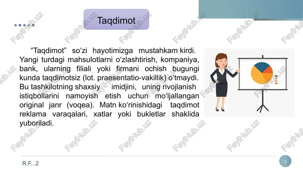 himoya qilishdan maqsad - imtihon komissiyasini talabaning kerakli bilim, ko‘nikma va malakaga ega bo‘lganligiga, malakaga ega bo‘lishni talab qiladigan sohada atamalar, usullar va uslublarni egallaganligiga ishonch hosil qilish. umuman aytganda, g‘oyalar, odamlar, mahsulotlar, materiallar va xizmatlarni taqdim etish har doim taqdimotdir. r.f...1 14 r.f...2 taqdimot nutqi - ommaviy nutqning bir turi. har qanday ommaviy nutq kabi, u muayyan tamoyillarga asoslanadi. ushbu tamoyillar quyidagilar: qisqalik tamoyili. odatda taqdimot nutqi 10-15 daqiqa ma’ruza qilish uchun tuziladi. boshqa tomondan, nutqning asosiy mavzusini ochib berish uchun nutqning hajmi yetarli bo'lishi kerak. ketma-ketlik tamoyili. nutqning barcha mikromavzulari asosiy mavzuga bo‘ysunishi kerak. nutqning barcha qismlari o‘zaro bog‘liq bo‘lishi kerak. r.f...1 15 r.f...2 kuchaytirish tamoyili. nutqning ta’siri boshidan oxirigacha kuchayishi kerak. natijaviylik tamoyili. nutq tinglovchilarga taklif qilingan xulosani, harakatga chaqiruvni, tavsiyalarni o‘z ichiga olishi kerak. xulosa yoki chaqiriq kuchli, unutilmas og‘zaki ta’rif bilan shakllantirish kerak. r.f...1 16 maqsadga erishish tamoyili. nutq aniq mantiqqa bo‘ysunishi kerak. ma’ruzachining o‘zi …