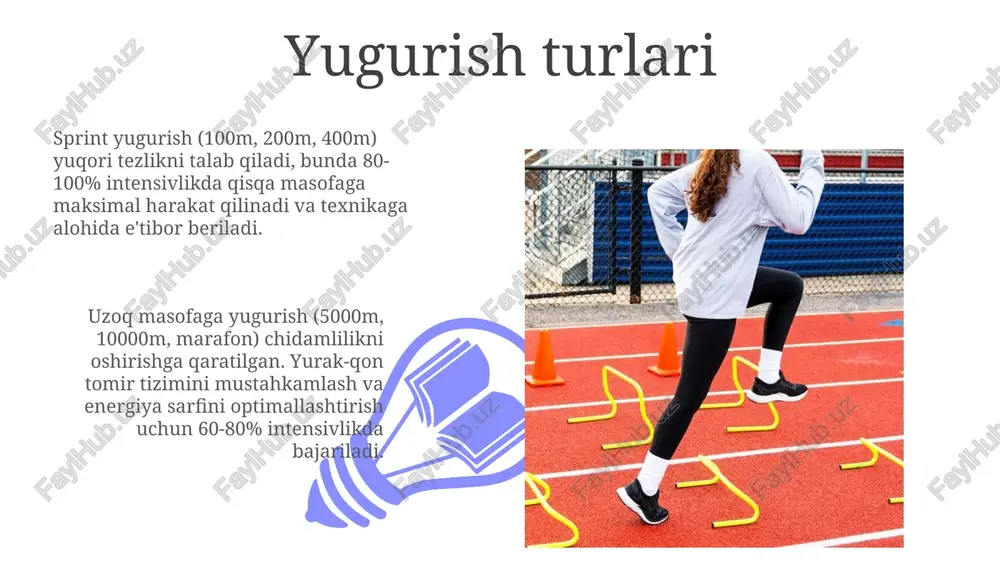 o'z ichiga oladi, bu qon oqimi va mushaklarning kislorod bilan ta'minlanishini yaxshilaydi. diafragmatik nafas olish, qorin bo'shlig'ini to'ldirish orqali, qovurg'alardan ko'ra ko'proq diafragmani ishlatadi, bu esa kislorodni maksimal darajada olishga yordam beradi. start pozitsiyasi start pozitsiyasi sprinterlar uchun muhim, unda oyoqlar start bloklarida joylashadi, tizza 90-110 daraja burchak ostida bo'lishi kerak, bu tezkor start uchun imkon beradi. o'rta va uzoq masofaga yuguruvchilar uchun start pozitsiyasi tik turgan holatda bo'ladi, oyoqlar yelka kengligida, og'irlik markazi oldinga yo'naltirilgan, 5-10 graduslik egilish bilan. tezlanish bosqichi 01 02 tezlanish bosqichi, odatda 30-60 metrni tashkil etadi, tezlikni asta-sekin oshirishni o'z ichiga oladi, bunda qadam uzunligi va chastotasi progressiv tarzda ortib boradi. sales 1st qtr 2nd qtr 100 0 sales 1st qtr 2nd qtr 100 0 mavjud tezlikni saqlash "mavjud tezlikni saqlash" optimal qadam chastotasini (taxminan 170-180 qadam/min) ushlab turishni anglatadi, bu esa energiya sarfini kamaytirish va samaradorlikni oshirishga yordam beradi. tezlikni saqlashning muhim jihati bu …