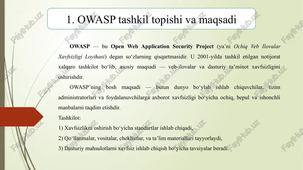 ladi. xulosa: parollarni hashing yordamida saqlash kerak. tushuncha: foydalanuvchi kiritgan ma’lumot to‘g‘ridan-to‘g‘ri bazaga yuboriladi, tekshirilmasdan. misol:login oynasida foydalanuvchi username o‘rniga sql kodini yozadi: natijada tizim bu so‘rovni sql bazaga yuboradi va hacker parolsiz kirib oladi. xulosa: foydalanuvchi kiritgan ma’lumotni filtrlash va sanitizatsiya qilish zarur. 3. injection - inyeksiya hujumlari tushuncha: dastur arxitekturasi yoki dizayni xavfsizlikni hisobga olmagan. misol:bank ilovasi foydalanuvchidan faqat login va parol so‘raydi, ammo ikki bosqichli tasdiqlash (2fa) mavjud emas. hacker parolni topsa, to‘liq hisobni egallab oladi. xulosa: xavfsizlik dizayndan boshlab o‘ylanishi kerak. 4. insecure design - ishonchsiz dizayn 5. security misconfiguration – noto’g'ri xavfsizlik konfiguratsiyasi bu turdagi zaifliklar asosan dasturchilarning sayt xavfsizligiga e'tiborsizligidan kelib chiqadi. dasturchilar qiladigan eng keng tarqalgan xatolardan biri bu standart cms sozlamalarini o'zgartirmaslik ya'ni uz holatida saqlash.veb saytga hujum qilish imkonini beradigan eng keng tarqalgan xatolarni keltirib o'tamiz: tuzatilmagan kamchiliklar; standart konfiguratsiyalar(default); foydalanilmayotgan sahifalar mavjudligi; himoyalanmagan fayllar va kataloglar; zaif xeshlangan yoki shifrlanmagan …