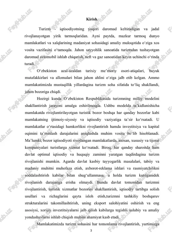 aoliyatiga nazar solib, o‘y-fikr-lari, rejalari bilan tanishsangiz, soha taraqqiyoti, kelajagi ko‘z oldingizda namoyon bo‘ladi. o‘zbekistonda turizm faoliyatiga mustaqillikning dastlabki kunlaridanoq davlat siyosati darajasida qaralmoqda. turizm sohasining rivoji uchun barcha zarur tashkiliy-huquqiy mexanizm vujudga keltirilib, muhim me’yoriy hujjatlar qabul qilindi va bu ish hozirda ham davom etmoqda. mamlakatimizda turizmning ravnaqi, uni yangi pog‘onalarga ko‘tarish, yurtimizni jahon turizm markazlaridan biriga aylantirish uchun, avvalo, turizm xizmat bozorini shakillantirishga zamin yaratish lozim bo‘lmoqda. o‘zbekiston respublikasi mustaqillikka erishgandan so‘ng xo‘jalikning barcha tarmoqlarida tub islohotlar olib bormoqda. jumladan, turizmni rivojlanishiga ham davlat tomonidan katta ahamiyat berilmoqda. prezidentimiz o‘zbekistonda “yangi, istiqbolli yo‘nalishlar misol uchun, turizm, mehmonxona xo‘jaligi, restoran biznesi, uy-joy qurish hamda ta’mirlash va boshqa sohalarni rivojlantirish uchun beqiyos imkoniyatlar bor” deb ta’kidlab o‘tganlar. darhaqiqat, ushbu imkoniyatlardan samarali foydalanish mustaqil mamlakatimizning iqtisodiyotini mustahkamlash bilan bir qatorda uning jahon hamjamiyatidagi o‘rnini oshiradi. g‘arb davlatlarida restoranlar xo‘jaliklarini boshqarish bo‘yicha ko‘p yillik tajriba yig‘ilgan. restoran sanoati korxonalari faoliyatida xorij tajribasini …