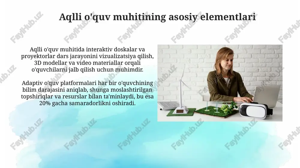 yetkazish imkonini beradi. adaptiv test tizimlari o'quvchilarning bilim darajasini aniqlashga yordam beradi, 95% gacha aniqlik bilan individual o'quv rejalari tuzish va 40% vaqtni tejash imkonini beradi. talabalar uchun aqlli vositalar talabalar uchun aqlli vositalar 24/7 resurslarga kirishni osonlashtiradi, masalan, onlayn kutubxonalar va o'quv materiallari, bu esa mustaqil o'rganishni kuchaytiradi. aqlli vositalar, jumladan, adaptiv test platformalari, talabalarning bilimlari darajasini aniqlashga yordam beradi va 1:1 qo'llab-quvvatlash uchun shaxsiy o'quv rejalashtirishni taklif etadi. aqlli o'quv muhitida hamkorlik aqlli o'quv muhitida hamkorlik, o'quvchilarga 21-asr ko'nikmalarini (masalan, muammolarni yechish) rivojlantirishga yordam beradi, bu esa guruhlarda ishlash orqali amalga oshiriladi. bunday muhitda hamkorlik 3 xil shaklda bo'lishi mumkin: tengdoshlar o'rtasida, o'qituvchi bilan o'quvchilar o'rtasida va turli guruhlar o'rtasida, loyihalarni amalga oshirish jarayonida. kiberxavfsizlik va ma'lumotlar maxfiyligi kiberxavfsizlik va ma'lumotlar maxfiyligi sle da muhim, chunki talabalar ma'lumotlari shifrlanishi kerak, masalan, aes-256, ruxsatsiz kirishning oldini olish uchun. sle elementlari, masalan, interaktiv doskalar va onlayn platformalar orqali to'plangan ma'lumotlar …