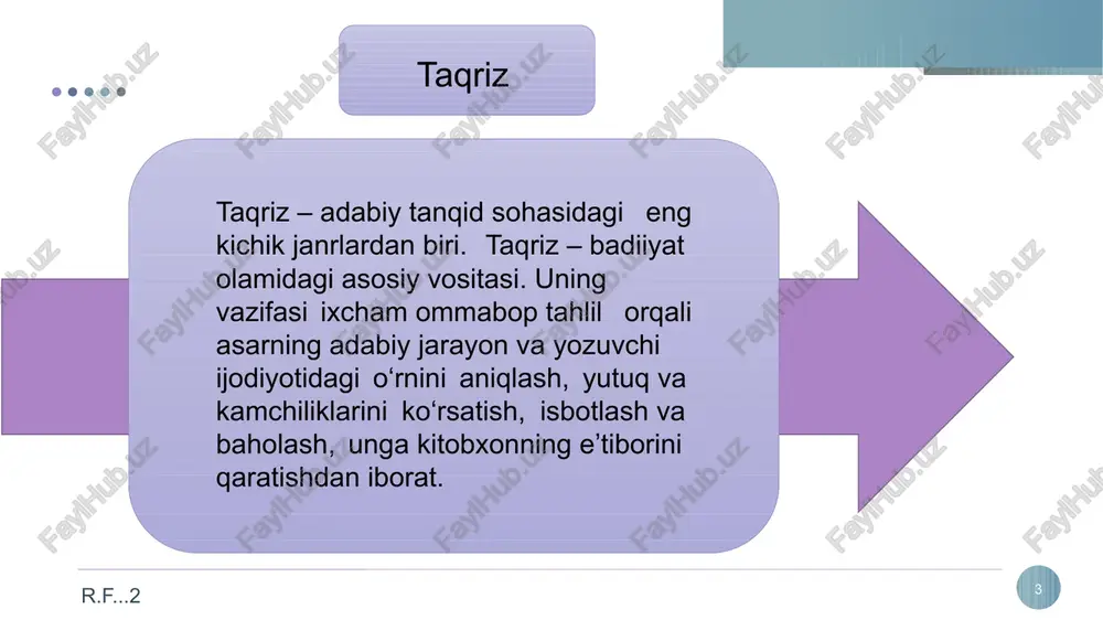 oya qilishi kerak. 1. taqrizchining ishi katta mehnat va jiddiy tayyorgarlikni talab qiladi: mavzu bo‘yicha bilimlaringizni yangilash, taqdim etilgan materialning mohiyatiga chuqur kirib borish, xabarning barcha jihatlariga e’tibor berish kerak. 2. o‘qish jarayonida sharhlovchi asl matn tafsilotlarini xotirada tiklashga yordam beradigan qisqacha yozuvlarni yozishi kerak. 3. muallif tomonidan berilgan barcha raqamlarni, sanalarni, ismlarni tekshiring. r.f... 14 r.f...2 4. ko‘rib chiqish ishbilarmon, o‘ziga xos va do‘stona bo‘lishi kerak. 5. hamkasblar tomonidan ko‘rib chiqilgan asar muallifiga o‘z didingizni yuklash axloqsizdir. 6. sharhlovchining fikri shaxsiy munosabatlarga bog‘liq bo‘lmasligi kerak. 7. sharhlovchi kutilmagan tekshiruvni o‘tkazishi kerak bo‘lgan auditor yoki hukm sudyasi emas. taqriz uning muallifining pozitsiyasini bildirishi kerak. taqrizchining vakolati uning malakasi va xayrixohligi bilan belgilanadi. shuning uchun, kategoriyali mulohazalar (agar ular mohiyatan to‘g‘ri bo‘lsa), muallifni tinglashni istamaslik qabul qilinishi mumkin emas. 8. o‘qib bo‘lgach, sharhlovchi muallif bilan suhbatlashishi, insho haqidagi mulohazalari haqida qisqacha ma’lumot berishi kerak r.f... 15 r.f...2 adabiyotshunos olim h. karimov …
