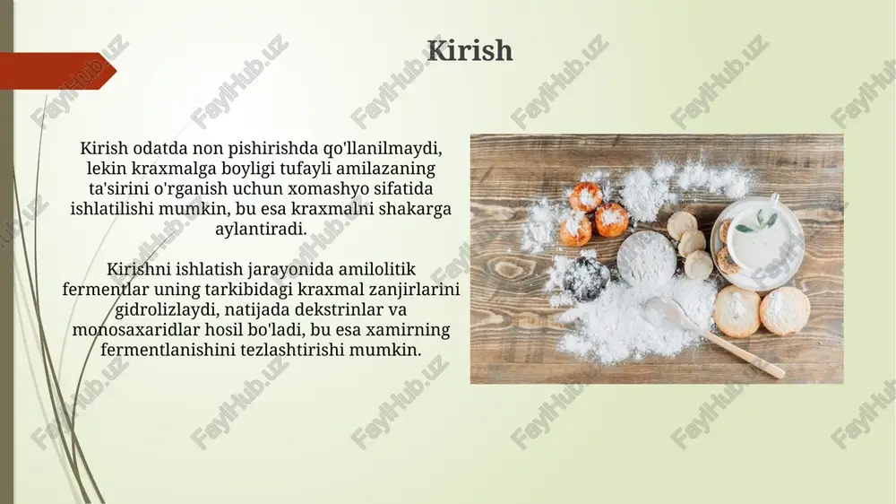 hiktiradi. masalan, 0.01% fungal amilaza non sifatini sezilarli darajada yaxshilaydi. pivo ishlab chiqarishda kraxmalli xom ashyolarni (arpa, makkajo'xori) shakarli moddalarga aylantirish uchun amilaza fermentlari ishlatiladi. bu esa achitqi uchun fermentlanadigan substratni hosil qiladi, miqdori 1-2% bo'lishi mumkin. xulosa amilolitik fermentlar kraxmalni parchalash orqali xamirning teksturasini yaxshilashga yordam beradi, bu esa nonning hajmini oshiradi va uni yumshoq qiladi. optimal doza 0.01-0.05% ferment hisoblanadi. fermentlar tarkibidagi beta-amilaza kraxmalni maltozaga aylantiradi, bu esa xamirning achishini tezlashtiradi va tayyor mahsulotning shirinligini oshiradi, ayniqsa retseptda 1-2% shakar kamaytirilsa. e'tiboringiz uchun rahmat image2.jpg image3.jpg image4.jpg image5.jpg image6.jpg image7.jpg image8.jpg image9.jpg image10.jpg image11.jpg image12.jpg