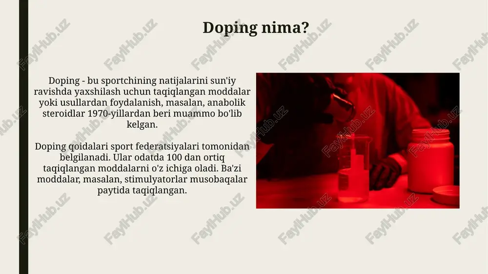 da qoidalarini amalga oshiradi, doping testlarini oʻtkazadi va sanksiyalarni qoʻllaydi, milliy sportchilarni nazorat qiladi. dopingdan himoyalanish strategiyalari 18 yoshgacha bo'lgan sportchilar uchun maxsus ta'lim dasturlari dopingga qarshi kurash qoidalarini va xavfli moddalardan qanday qochishni o'rgatadi, bu juda muhimdir. doping nazorati jarayonlari, huquqlar va majburiyatlar haqida muntazam ravishda 24 soatlik maslahat liniyasi orqali ma'lumot olish, qoidabuzarliklarning oldini oladi. xulosa va tavsiyalar doping nazoratini o'tkazish jarayonida 3.2 qoidaga rioya qilish lozim, bunda sportchilarning huquqlari va majburiyatlari 100% ta'minlanishi zarur. kelgusida, doping nazorati testlarini sifatini oshirish uchun yangi texnologiyalarni (masalan, mass-spektrometriya) joriy etishni 2024-yilda rejalashtirish kerak. e'tiboringiz uchun rahmat image1.png image2.jpg image3.jpg image4.jpg image5.jpg image6.jpg image7.jpg image8.jpg image9.jpg image10.jpg image11.jpg image12.jpg image13.jpg