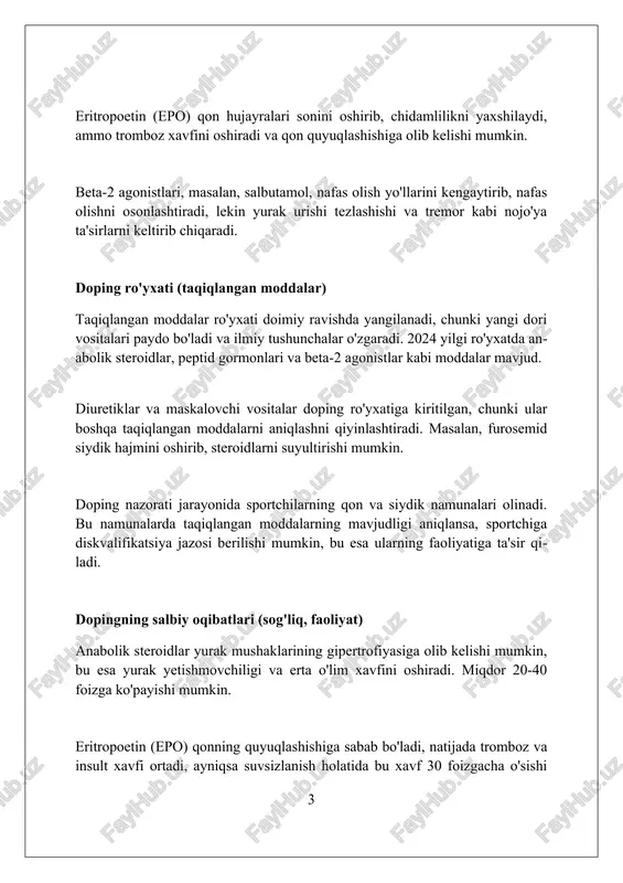 da tashkil etilgan bo'lib, xalqaro antidoping siyosati va standartlarini muvofiqlashtiradi, shu jumladan taqiqlangan ro'yxatni yaratish va ilmiy tadqiqotlarni qo'llab-quvvatlash. milliy antidoping tashkilotlari (nado) mamlakat ichida doping nazoratini amalga oshiradilar, testlarni rejalashtiradilar va o'tkazadilar, shuningdek, doping qoidalarini buzganlik uchun sanktsiyalarni qo'llaydilar. wada global antidoping tizimining samaradorligini monitoring qilish uchun muvofiqlikni nazorat qilish dasturini boshqaradi, bu nadolarning wada kodeksiga muvofiqligini baholashni o'z ichiga oladi. sportchilarning huquqlari va majburiyatlari doping nazoratida sportchi doping-test jarayonida o'z shaxsini tasdiqlovchi hujjatni (masalan, pasport yoki id karta) taqdim etish huquqiga ega, shuningdek, vakolatli guvohni taklif qilishi mumkin. sportchi har qanday doping nazorati qoidabuzarligi uchun to'liq javobgardir, ammo agar u dopingni bilmagan holda qabul qilganini isbotlasa, sanktsiyalar kamayishi mumkin. sportchining huquqi - test natijalari haqida o'z vaqtida xabardor bo'lish va agar natijalar ijobiy bo'lsa, b namunasini tahlil qilishni so'rash majburiyatiga ega. doping qoidalarini buzganlik uchun jazolar sportchining birinchi marta doping qoidasini buzishi, odatda, to'rt yilgacha bo'lgan muddatga sportdan …