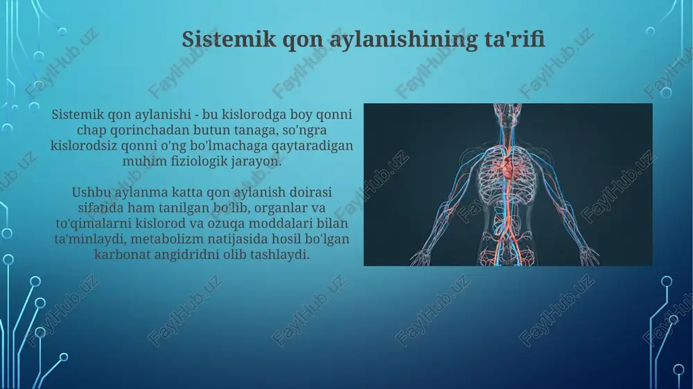 umkin, bu esa miyokard infarktiga (yurak xuruji) olib kelishi mumkin bo'lgan qon oqimining kamayishiga sabab bo'ladi. portal qon aylanishi portal qon aylanishi venoz qonni oshqozon-ichak trakti, taloq va me'da osti bezidan jigar sinusiidlari orqali o'tkazadi, bu erda moddalar metabolizmga uchraydi. jigar portal venasi kislorodga boy bo'lmagan, lekin ozuqa moddalari va toksinlar bilan to'yingan qonni olib keladi, jigarga o'tishdan oldin ularni filtrlaydi. sistemik qon aylanishining buzilishlari aterosklerozda, qon tomirlarining 50% dan ortig'i yog'li cho'kindilar bilan qoplanishi mumkin, bu esa organga qon yetkazib berishning kamayishiga olib keladi, natijada ishemiya paydo bo'ladi. gipertoniya, 140/90 mmhg dan yuqori qon bosimi, yurakning haddan tashqari yuklanishiga olib kelishi mumkin, bu esa yurak etishmovchiligi va 60% hollarda insult xavfini oshiradi. e'tiboringiz uchun rahmat image4.jpg image5.jpg image6.jpg image7.jpg image8.jpg image9.jpg image10.jpg image11.jpg image12.jpg image13.jpg image14.jpg image15.jpg image1.png