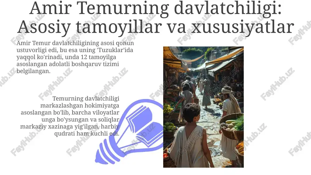 ibatlar: savdo aloqalari va infratuzilmaning buzilishi markazlashgan davlatning parchalanishi savdo yo'llarining buzilishiga olib keldi, xususan, ipak yo'lining ahamiyati pasayib, mintaqalararo savdo hajmi sezilarli darajada kamaydi, 30-40% gacha yo'qotishlar kuzatildi. amir temur davlati qulashi bilan irrigatsiya tizimlari va karvonsaroylarga e'tibor kamaydi, natijada qishloq xo'jaligi mahsuldorligi pasayib, infratuzilmaviy tanazzul 20-25%ga yetdi. ijtimoiy-madaniy oqibatlar: madaniy xilma-xillik va o'ziga xoslikning saqlanishi turli xonliklar davrida mahalliy urf-odatlar, san'at va hunarmandchilikning 14-16 asrlarda rivojlanishi madaniy xilma-xillikni saqlashga yordam berdi. har bir xonlik o'ziga xos adabiy maktab yaratdi, bu esa 17-19 asrlarda turli shevalar va uslublarning shakllanishiga turtki berdi. xulosa: markaziy osiyoning bo'linishining tarixiy ahamiyati 01 02 markaziy osiyoning khanliklarga bo'linishi xvi-xix asrlarda siyosiy tarqoqlikka olib keldi, bu esa mintaqaning iqtisodiy va madaniy rivojlanishiga salbiy ta'sir ko'rsatdi. sales 1st qtr 2nd qtr 100 0 sales 1st qtr 2nd qtr 100 0 e'tiboringiz uchun rahmat image5.jpg image6.jpg image7.jpg image8.jpg image9.jpg image10.jpg image11.jpg image12.jpg image13.jpg image14.jpg image15.jpg image16.jpg image1.jpeg …