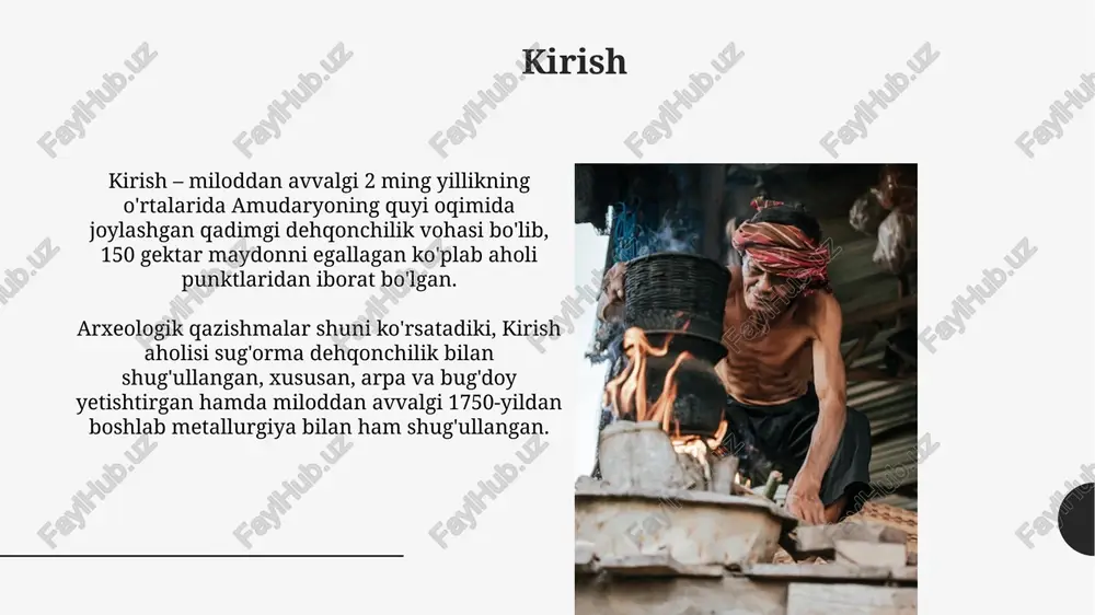iya texnologiyalari tarqaldi. misol uchun, marg'iyona madaniyati 2200-1700 yillarda yangi uslublarni namoyon qilgan. ko'chmanchi va o'troq aholi o'rtasidagi munosabatlar koʻchmanchi va oʻtroq aholi oʻrtasidagi munosabatlar davriy ravishda urush holatida boʻlgan, koʻchmanchilar oʻtroq dehqonchilik markazlariga mol-mulk uchun hujum qilgan, ammo vaqti-vaqti bilan savdo yoʻlga qoʻyilgan. bronza davrida oʻtroq va koʻchmanchi guruhlar chorvachilik mahsulotlari (jun, goʻsht) va qishloq xoʻjaligi mahsulotlari almashinuvi orqali oʻzaro manfaatli savdo aloqalarini oʻrnatgan. bronza davri aholisining jismoniy xususiyatlari bronza davri aholisining qoldiqlari boʻyicha oʻtkazilgan tadqiqotlar, ularning oʻrtacha boʻyi erkaklarda 165-175 sm, ayollarda esa 155-165 sm atrofida boʻlganini koʻrsatadi. bronza davri aholisining bosh suyagi tuzilishi dolixokranial (uzun boshli) dan mezokranial (oʻrta boshli) tipgacha oʻzgarib turgan, bu esa turli etnik guruhlarning aralashganini koʻrsatadi. iqlim o'zgarishining ta'siri iqlim oʻzgarishi markaziy osiyoda bronza davrida suv resurslarining kamayishiga olib keldi, natijada irrigatsiya tizimlari uchun kurash kuchayib, 2200 yil avval migratsiyaga sabab boʻldi. oʻsha davrda haroratning 1.5 daraja selsiyga koʻtarilishi natijasida oʻsimliklar qoplamasi oʻzgargan, …