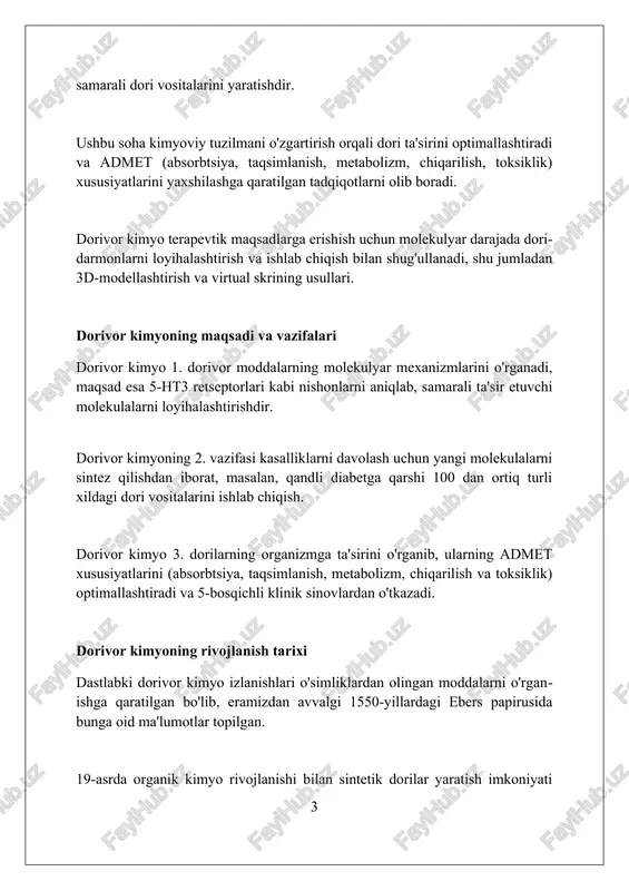 ing asosiy elementlarini ko'rsatadi. farmakokinetika va farmakodinamika asoslari farmakokinetika dorilarning organizm ichida so'rilishi, taqsimlanishi, metabolizmi va chiqarilishini (adme) o'rganadi, bu jarayonlar preparatning konsentratsiyasini belgilaydi. farmakodinamika dorilarning organizmga ta'sirini o'rganadi, shu jumladan retseptorlar bilan bog'lanish, signal transduksiyasi va fiziologik javoblar, masalan, qon bosimining pasayishi. bioavailability farmatsevtik preparatning qancha qismi o'zgarmagan holda qon aylanishiga tushishini anglatadi va 0% dan 100% gacha bo'lishi mumkin, bu esa dori samaradorligiga ta'sir qiladi. dori vositalarini ishlab chiqish bosqichlari dori vositalarini ishlab chiqish birinchi bosqichi - bu kasallik maqsadini aniqlash, uning molekulyar mexanizmlarini tushunish va biologik sinov tizimlarini yaratishni o'z ichiga oladi. klinikagacha tadqiqotlar bosqichi dori vositasining xavfsizligi va samaradorligini hayvonlarda sinab ko'rishni, farmakokinetik va farmakodinamik xususiyatlarini o'rganishni o'z ichiga oladi. klinik tadqiqotlar uch bosqichdan iborat: 1-bosqich xavfsizlikni, 2-bosqich samaradorlikni va 3-bosqich katta guruhlarda samaradorlikni tasdiqlashni o'rganadi, bunda farmako-iqtisodiy tahlil ham o'tkaziladi. targetlar va ularning ahamiyati nishonlar, masalan, fermentlar, hujayra membranalarida joylashgan retseptorlar yoki dnk, dori vositalari …