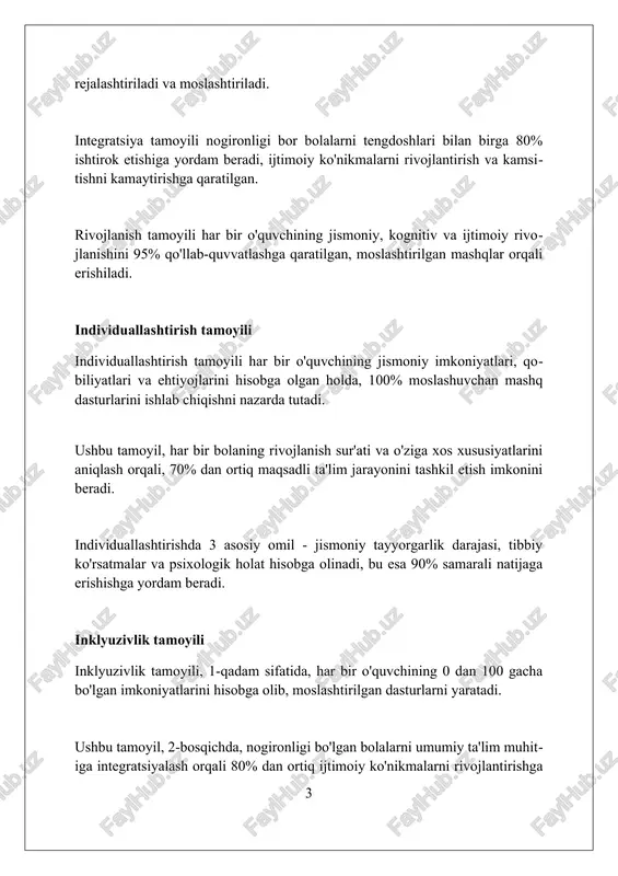 aratilgan. bu 3-5 xil terapevtik mashqlar, massaj va boshqa reabilitatsiya usullarini o'z ichiga oladi. ijtimoiy integratsiya vazifasi nogironlarni jamiyatga moslashtirish, ularning 8-12 ijtimoiy ko'nikmalarini rivojlantirish, tengdoshlar bilan muloqot qilish imkoniyatini yaratishni nazarda tutadi. baholash va rejalashtirish baholashda individual ehtiyojlarni aniqlash uchun standartlashtirilgan testlar, kuzatuvlar va suhbatlar qo'llaniladi, bu esa moslashtirilgan rejalashtirish uchun asos yaratadi. rejalashtirishda jismoniy faoliyatning maqsadlari smart (aniq, o'lchanadigan, erishish mumkin, relevant, vaqt bilan chegaralangan) mezonlariga muvofiq belgilanadi. adaptiv jismoniy tarbiya rejalashtirishda individual imkoniyatlar va cheklovlar hisobga olinadi, har bir o'quvchi uchun moslashtirilgan dasturlar tuziladi. moslashtirilgan o'qitish usullari moslashtirilgan o'qitish usullari adaptiv pe da sensor integratsiya buzilishlari bo'lgan bolalar uchun individual mashg'ulotlar va 3-5 takrorlash bilan harakatlarni soddalashtirishni o'z ichiga oladi. ushbu usullar individual ehtiyojlarga asoslangan holda, 10-15 daqiqalik qisqa faoliyatlarga e'tibor qaratadi, bu esa diqqatni jamlash qobiliyatini oshiradi va charchoqni kamaytiradi. moslashtirilgan o'qitishdagi muhim jihatlardan biri bu vizual ko'rsatmalar va jismoniy yordamdan foydalanishdir, bu esa 80% hollarda …