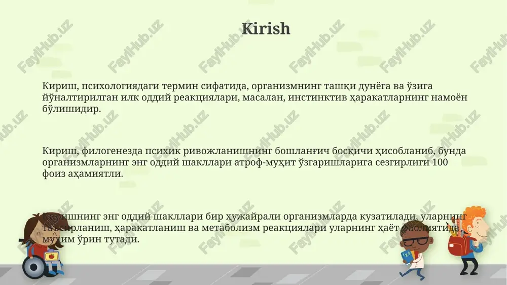 2-darajali rivojlanmagan. perseptiv psixika bosqichi perseptiv psixika bosqichi hayvonlarda sezgi organlari orqali aks ettirishning rivojlanishini ko'rsatadi, bunda narsalarning alohida xususiyatlari emas, balki butun obrazi shakllanadi. bu bosqichda xatti-harakat instinktiv bo'lib, narsalarning tashqi ko'rinishi asosida amalga oshiriladi, masalan, 1 oylik mushukchaning onasini hididan tanishi. perseptiv psixikaga ega organizmlar, odatda, murakkab o'rganish qobiliyatiga ega emas, faqatgina asosiy shartli reflekslar hosil qila oladi, masalan, pavlov itining tajribasi misol bo'la oladi. intellektual psixika bosqichi bu bosqichdagi kognitiv rivojlanish, xususan, maymunlarda, 3-5 yoshli bolalarning kognitiv ko'rsatkichlariga mos keladigan vositali muammolarni hal etishda yaqqol namoyon bo'ladi. intellektual psixika bosqichida hayvonlar 10 dan ortiq signallarni o'zgartirish va ulardan ob'ektlar o'rtasidagi munosabatlarni aks ettiruvchi murakkab xatti-harakatlarda foydalanish imkoniyatiga ega. intellektual psixika 20-asrda o'rganilgan bo'lib, hayvonlarning murakkab vaziyatlarda muvaffaqiyatli harakat qilish qobiliyatini ko'rsatib, psixik faoliyatning yuqori darajasini aks ettiradi. hayvonlarda xulq-atvor evolyutsiyasi murakkab xatti-harakatlar evolyutsiyasi neyron tarmoqlarining hajmi va tuzilishini o'zgartirish, erta umurtqali hayvonlarda 500 million yil oldin paydo …