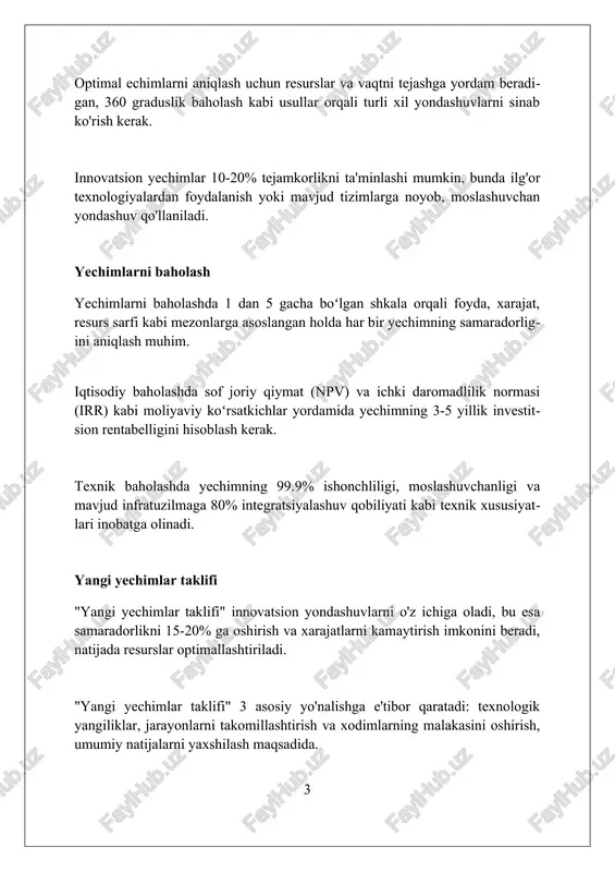 i jalb qilish va yangi texnologiyalarni o'zlashtirish bo'yicha sertifikatlashni ta'minlash kerak. xatarlarni boshqarish xatarlarni boshqarish – bu tashkilot maqsadlariga erishish uchun 90-yillardan beri keng qoʻllaniladigan risklarni aniqlash va kamaytirish jarayoni hisoblanadi. xatarlarni boshqarishning asosiy bosqichlari 5 ta: aniqlash, baholash, javob choralarini ishlab chiqish, amalga oshirish va monitoring, bu maqsadga erishishda muhim 1 qadam. moliyaviy xatarlarni boshqarishda 2 xil strategiya mavjud: riskni qabul qilish yoki riskni kamaytirish, bunda 75% holatlarda kamaytirish maqsadga muvofiqdir. resurslar va byudjet resurslar ro'yxatini tuzishda 7 turdagi aktivlar (moliyaviy, inson, texnik) va ularning miqdoriy ko'rsatkichlarini (masalan, 10 ta xodim, 50 ming dollar) aniq belgilash lozim. byudjetni rejalashtirishda 3 xil xarajat turini (doimiy, o'zgaruvchan, kutilmagan) hisobga olish, umumiy byudjetning 15% ini kutilmagan xarajatlar uchun ajratish maqsadga muvofiq. moliyaviy resurslarni taqsimlashda roi (investitsiyalarning qaytarilishi) ko'rsatkichini baholash va roi 20% dan yuqori bo'lgan loyihalarga ustunlik berish kerak. vaqt jadvali vaqt jadvali, loyiha boshqaruvida muhim vosita bo'lib, vazifalarni rejalashtirish, resurslarni taqsimlash …