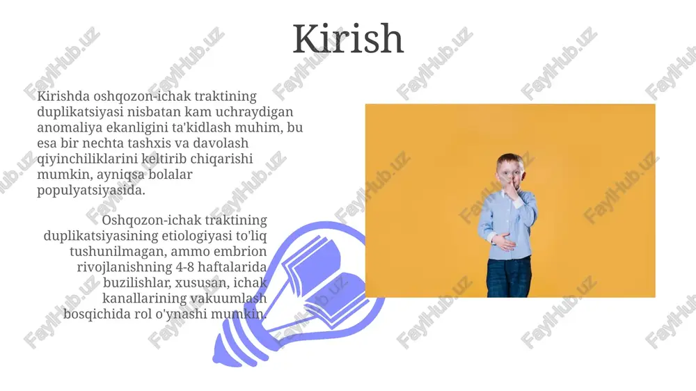 imcha anomaliyalar mavjudligiga bog'liq. erta tashxis va operatsiya natijalarni yaxshilaydi, 75% dan 90% gacha bo'lgan muvaffaqiyat darajasiga erishiladi. agar duplikatsiya simptomsiz bo'lsa, konservativ kuzatuv qo'llanilishi mumkin, ammo muntazam monitoring o'zgarishlarni baholash uchun muhimdir. agar alomatlar paydo bo'lsa, operatsiya tavsiya etiladi. xulosa 01 02 ichak dublikatsiyasi patologiyasi diagnostikasi erta bosqichlarda murakkab bo'lishi mumkin, ammo zamonaviy usullar, masalan, mrt va 3d rekonstruksiya, aniqlikni sezilarli darajada oshiradi. sales 1st qtr 2nd qtr 100 0 sales 1st qtr 2nd qtr 100 0 e'tiboringiz uchun rahmat image5.jpg image6.jpg image7.jpg image8.jpg image9.jpg image10.jpg image11.jpg image12.jpg image13.jpg image14.jpg image15.jpg image16.jpg image1.jpeg image2.jpeg image3.jpeg