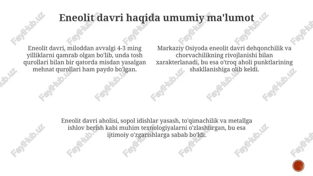 jaligi chorvachilikda qo‘y va echkilarni ko‘paytirish ustunlik qildi, bu esa jun, go‘sht va sut mahsulotlari bilan ta'minladi. otlarning xonakilashtirilishi uzoq masofalarga migratsiya va savdo aloqalarini rivojlantirdi. eneolit davrida dehqonchilikda sug‘orish tizimlari kengaydi, xususan, sun'iy kanallar orqali dalalarni suv bilan ta'minlash, hosildorlikni sezilarli darajada oshirdi, bu esa aholining o'troqlashuviga ta'sir qildi. eneolit davrida metallurgiya rivojlanishi bilan misdan mehnat qurollari, xususan, o‘roqlar va bolg‘alar yasash kengaydi, bu esa dehqonchilik va hunarmandchilik ishlarining unumdorligini oshirdi. eneolit davri aholisining turar joylari va arxitekturasi eneolit davrida, janubiy turkmanistonning jaytun madaniyatida, odamlar loy g'ishtlardan qurilgan, ko'pincha bir xonali, to'rtburchak shaklidagi turar joylarda yashaganlar. ularning maydoni 25-30 kvadrat metrgacha bo'lgan. markaziy osiyoning eneolit aholi punktlarida, uy xo'jaliklari uchun mo'ljallangan maxsus joylar bo'lgan. masalan, sopol idishlar yasash uchun o'choqlar va don saqlash uchun xumlar mavjud edi. ba'zi eneolit aholi punktlarida, masalan, sarazmda, monumental binolar topilgan. bu binolar jamoat yig'ilishlari yoki diniy marosimlar o'tkazish uchun ishlatilgan bo'lishi mumkin va …