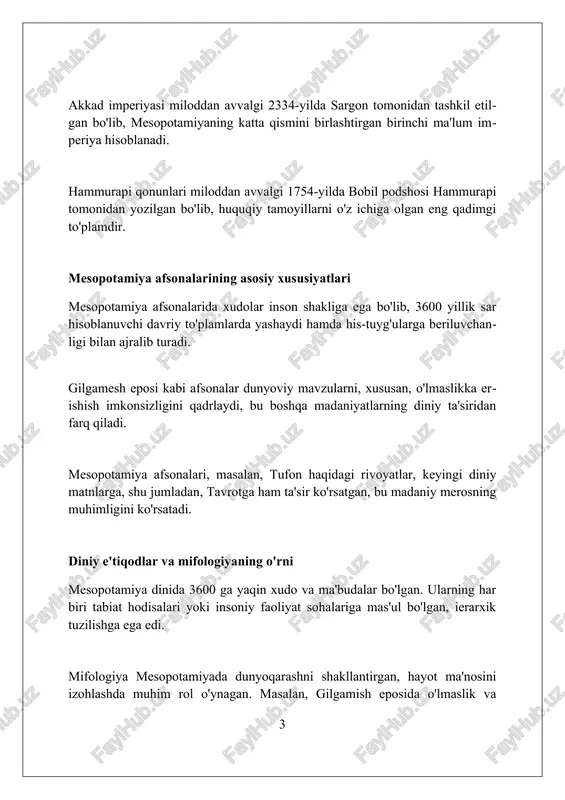 zosi g'oyasini aks ettiradi. gilgamesh eposida utnapishtim, buyuk to'fondan omon qolgan qahramon, kemada tirik mavjudotlarning urug'ini saqlab qolgan. bu bibliyadagi nuhning kemasi afsonasiga o'xshashlikni ko'rsatadi. bobil afsonalarida to'fonni enlil xudosi yuboradi, ammo enki xudosi utnapishtimga yashirincha kemani qurishni buyuradi va shu orqali insoniyatni qutqaradi. bu xudolar o'rtasidagi qarama-qarshilikni namoyon etadi. gilgamesh dostoni: o'lmaslikka intilish gilgameshning do'sti enkiduning o'limi, gilgameshning o'z o'limidan qo'rqishiga sabab bo'ldi, bu esa uning abadiy hayot izlashiga turtki bo'lgan asosiy omil edi. utnapishtim to'foni haqidagi afsonani hikoya qiladi, bu bibliyadagi nuh to'foni haqidagi hikoyaga o'xshash voqea, lekin mesopotamiya diniga xos xususiyatlarni o'z ichiga oladi. gilgameshning o'lmaslikka erishish uchun qilgan harakatlari muvaffaqiyatsizlikka uchraydi, lekin u o'z shahrini obod qilib, o'z nomini abadiylashtirish orqali o'z merosini yaratishga muvaffaq bo'ladi. ishq va urush ma'budasi ishtar ishtar, urush va jinsiy aloqa ma'budasi sifatida, o'zining ikkilamchi xususiyatlari bilan ajralib turadi, bu uning kuchining ham ijodiy, ham vayron qiluvchi 2 ta tomonini aks …
