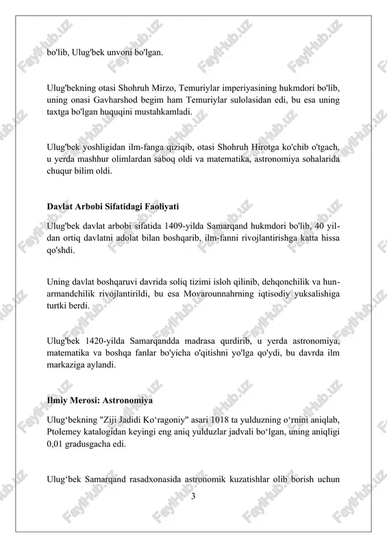 ikda hisoblangan, bu o'sha davr uchun noyob natija edi. ulug'bekning geometriya sohasidagi eng muhim yutuqlaridan biri bu uning yulduzlar joylashuvini aniqlash uchun yaratgan kvadrant asbobi bo'lib, u osmon jismlarining koordinatalarini yuqori aniqlikda o'lchash imkonini bergan. ulug'bek matematiklari yer aylanasini aniqlashga urinishgan va ular eratosfenning usulidan foydalanib, meridian uzunligini hisoblashgan, bu esa geografik o'lchovlarning rivojlanishiga katta ta'sir ko'rsatgan. ulug'bekning madaniy homiyligi ulugʻbekning madaniy homiyligi samarqandda xv asrda 100 dan ortiq olimni jamlagan ilmiy maktab yaratilishiga turtki boʻldi. bu davr sharq renessansining bir qismi hisoblanadi. ulugʻbekning buyrugʻi bilan qurilgan 1420-yillarda samarqand rasadxonasi astronomiya sohasida 1018 ta yulduzning koordinatalarini aniqlagan “zij” nomli asar yaratilishiga imkon berdi. ulugʻbek oʻz hisobidan madrasalar qurdirdi, jumladan, samarqandda 1417-1420-yillarda qurilgan madrasa oʻsha davrning eng nufuzli oʻquv markazlaridan biri boʻlib, unda matematika, astronomiya oʻqitilgan. samarqand: ilm-fan markazi ulug'bek samarqandni xv asrda ilm-fan markaziga aylantirib, astronomiya, matematika va boshqa sohalarda chuqur izlanishlar olib borish uchun qulay sharoit yaratdi. samarqandda ulug'bek …