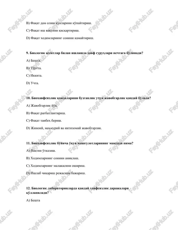 atish qoidalari nimalarni o'z ichiga oladi? a) faqat antibiotiklar qabul qilish. b) faqat shifokorga murojaat qilmaslik. c) zararlangan joyni tozalash va tibbiy yordamga murojaat qilish. d) faqat tinchlantiruvchi dori ichish. 21. bioxavfsizlikni ta'minlashda sanitariya-gigiena talablarining ahamiyati nimada? a) faqat binoning ichki dizaynini yaxshilash. b) mikroorganizmlar tarqalishining oldini olish. c) faqat ofis jihozlarini toza saqlash. d) faqat xodimlarning tashqi ko'rinishini yaxshilash. 22. biologik xavfsizlik sohasidagi huquqiy hujjatlar nimani belgilaydi? a) faqat dam olish kunlari. b) faqat binoni ijaraga olish shartlari. c) biologik xavfsizlik talablari va javobgarlik. d) faqat xodimlarning maoshi. 23. biologik xavfsizlikni ta'minlashda xodimlarning majburiyatlari nimalardan iborat? a) faqat o'zining shaxsiy muammolarini hal qilish. b) faqat internetda o'tirib vaqt o'tkazish. c) faqat ish vaqtida uxlash. d) xavfsizlik qoidalariga rioya qilish va xavf haqida xabar berish. 24. biologik xavfsizlikni baholashda nimani aniqlash muhim? a) faqat binoning joylashuvi. b) xavfning manbalari va ularning ehtimoliy oqibatlari. c) faqat uskunalarning narxi. d) faqat xodimlarning …