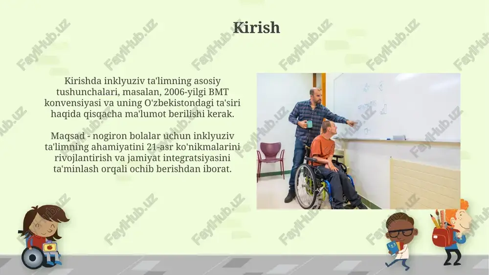 arida 2-3 nafar nogiron bolani jalb qilib, ularning integratsiyasini oshirish lozim. empatiya va hurmat muhitini yaratish muhim, bunda o'qituvchilar har bir bolaning individual ehtiyojlariga 100% e'tibor qaratib, ularning ijtimoiy rivojlanishiga ko'maklashishlari shart. oʻqituvchilar uchun kasbiy rivojlanish o'qituvchilarning kasbiy rivojlanishi ularning malakasini oshirish, 5 yillik attestatsiyadan muvaffaqiyatli o'tish va 1-toifadan oliy toifaga erishish uchun zarur. o'qituvchilar o'zlarining pedagogik mahoratini 240 soatlik kurslarda, tajriba almashish dasturlarida va 3 yillik individual rivojlanish rejasida takomillashtiradilar. xulosa o'qituvchilarning xulosasi shuni ko'rsatadiki, inklyuziv ta'limda bolalarning 85% ijtimoiy moslashuvda sezilarli o'sishga erishgan va o'quv dasturlarini 60% muvaffaqiyatli o'zlashtirgan. xulosaga ko'ra, o'qituvchilarning 90% inklyuziv ta'lim metodikasini takomillashtirish zarurligini ta'kidlagan, ayniqsa, individual ta'lim rejalari (itr) bo'yicha 75% o'qituvchi metodik yordamga muhtoj. e'tiboringiz uchun rahmat image7.jpg image8.jpg image9.jpg image10.jpg image11.jpg image12.jpg image13.jpg image14.jpg image15.jpg image16.jpg image17.jpg image18.jpg image5.png