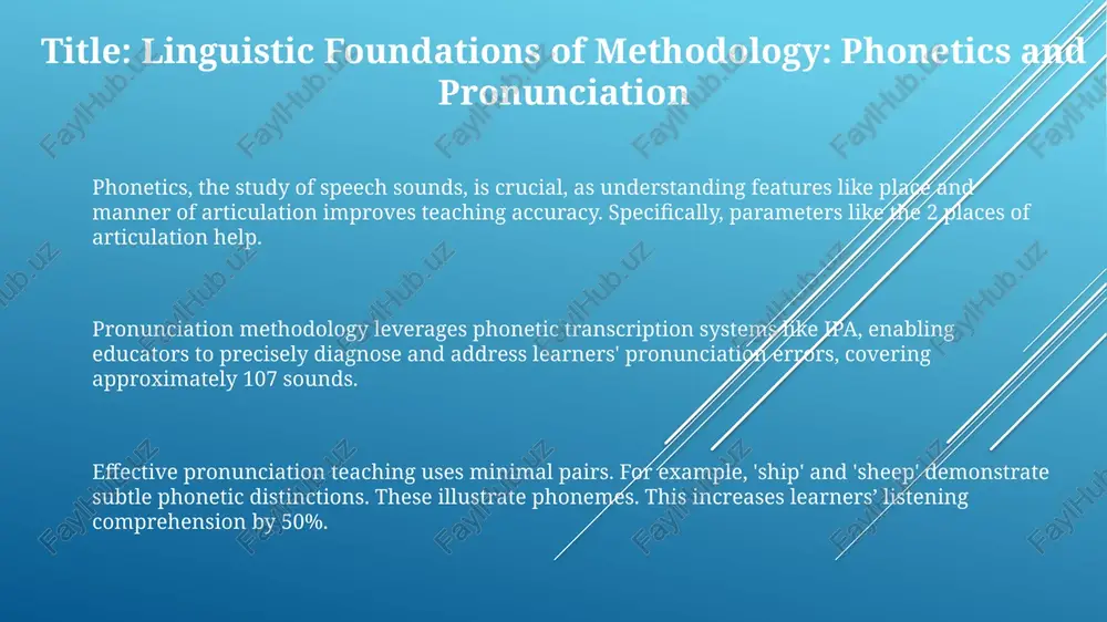 gnals through stages, including pre-processing in the outer ear and neural encoding in the auditory nerve, affecting perceived pronunciation. categorical perception in auditory phonetics illustrates that continuous acoustic variations are perceived as discrete categories; for instance, vot changes are heard as either /b/ or /p/ with a sharp boundary. phonetic transcription: the ipa chart the ipa chart organizes approximately 107 sounds (phones) based on articulatory features. consonants are described by voicing, place, and manner of articulation, like a voiced alveolar stop /d/. vowels on the ipa chart are defined by tongue height (high, mid, low) and frontness/backness within the oral cavity, for example, /i/ represents a high front unrounded vowel. diacritics and modifiers, like length marks (ː) or nasalization (̃), extend the ipa's capabilities, creating a more precise written representation beyond the standard 107 symbols available. consonants: place and manner of articulation manner of articulation details how airflow is modified. …