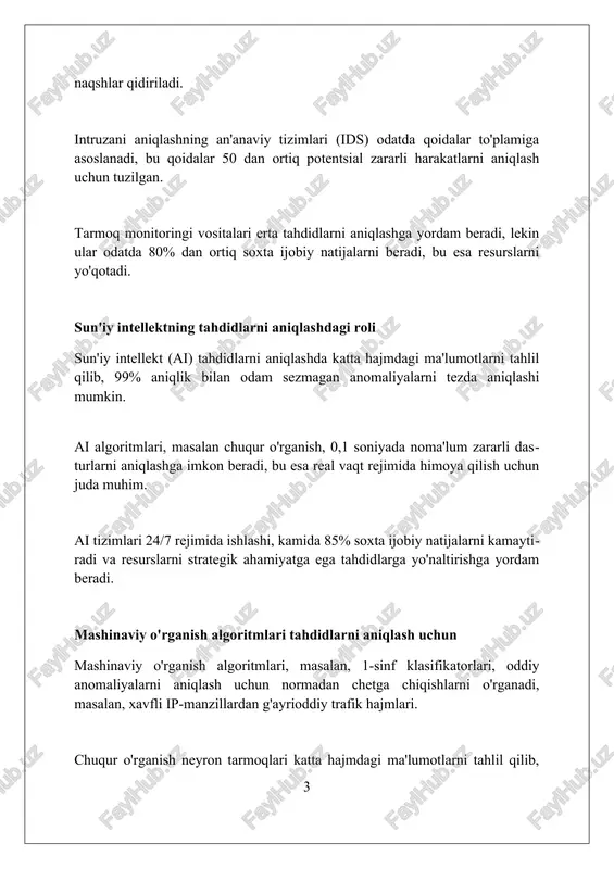 o'quv ma'lumotlarining etishmasligi aniqlik darajasini pasaytirishi va xato signalizatsiyani oshirishi mumkin, bu esa 75% gacha samaradorlik yo'qotishga olib keladi. ai algoritmlari o'zgaruvchan tahdidlarga moslashishda qiyinchiliklarga duch kelishi mumkin; 6 oy ichida yangi hujum usullari paydo bo'lishi, avval o'rgatilgan modellarni 50% hollarda samarasiz qilib qo'yishi mumkin. sun'iy intellektga asoslangan tizimlarning qora quti xususiyati sababli, 80% hollarda qanday qilib tahdid aniqlangani tushuntirib berilmaydi, bu esa ishonchni kamaytiradi va javob choralarini ko'rishni qiyinlashtiradi. real dunyodagi sun'iy intellektga asoslangan tahdidlarni aniqlash holatlari moliya sohasida ai firibgarlikni aniqlash uchun ishlatiladi, masalan, g'ayrioddiy tranzaksiyalarni topish, odatda 99,5% aniqlik bilan, shubhali harakatlarni bloklash uchun. kiberxavfsizlikda sun'iy intellekt zararli dasturlarni aniqlaydi va 10-15 daqiqa ichida xavf-xatarlarni aniqlab, hujumlar sodir bo'lishidan oldin ularni to'xtatadi. sanoatda ai anomaliyalarni tahlil qilib, uskunalar ishlamay qolishini bashorat qiladi. bu 45% gacha texnik xizmat ko'rsatish xarajatlarini kamaytiradi. sun'iy intellektga asoslangan tahdidlarni aniqlash uchun ma'lumotlar to'plamlari va xususiyatlarni muhandislik qilish kiberhujumlarni aniqlashda katta ma'lumotlar to'plamlari, …