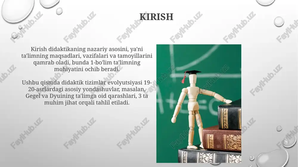 m, ularning diqqat markazlashuvi taxminan 20-25 daqiqa davom etadi. darsning tuzilishi va bosqichlari darsning tuzilishi 3 ta asosiy qismga bo'linadi: kirish (5-10 daqiqa), asosiy qism (25-30 daqiqa) va yakuniy qism (5-10 daqiqa), har bir qismi o'z vazifasiga ega. dars bosqichlari o'quv maqsadiga bog'liq: bilim, ko'nikma va malakalarni shakllantirish bosqichlari farqlanadi, masalan, 1-bosqich - motivatsiya, 2-bosqich - bilimlarni yangilash. zamonaviy didaktik yondashuvlar zamonaviy didaktikada faol o'qitish usullari, 21-asr ko'nikmalarini (4c) rivojlantirishga qaratilgan loyihalar va tadqiqotga asoslangan o'qitish kabi innovatsion yondashuvlar qo'llaniladi. shaxsga yo'naltirilgan ta'lim, differensiallash va inklyuzivlik zamonaviy didaktikaning asosiy tamoyillari bo'lib, har bir o'quvchining individual ehtiyojlarini qondirishga qaratilgan 3 asosiy yo'nalish hisoblanadi. integratsiyalashgan ta'lim integratsiyalashgan taʼlim 2 yoki undan ortiq fanlarni birlashtirib, talabalarga 21-asr koʻnikmalarini rivojlantirishga yordam beradi va oʻzaro bogʻliqlikni anglashga yordam beradi. integratsiyalashgan taʼlimda oʻqituvchilar hamkorlikda ishlaydi, darslarni birgalikda rejalashtiradilar va oʻquvchilarga real hayot bilan bogʻliq 360 gradusli bilim olish imkonini beradi. differensial ta'lim differensial ta'lim o'quvchilarning 2 …