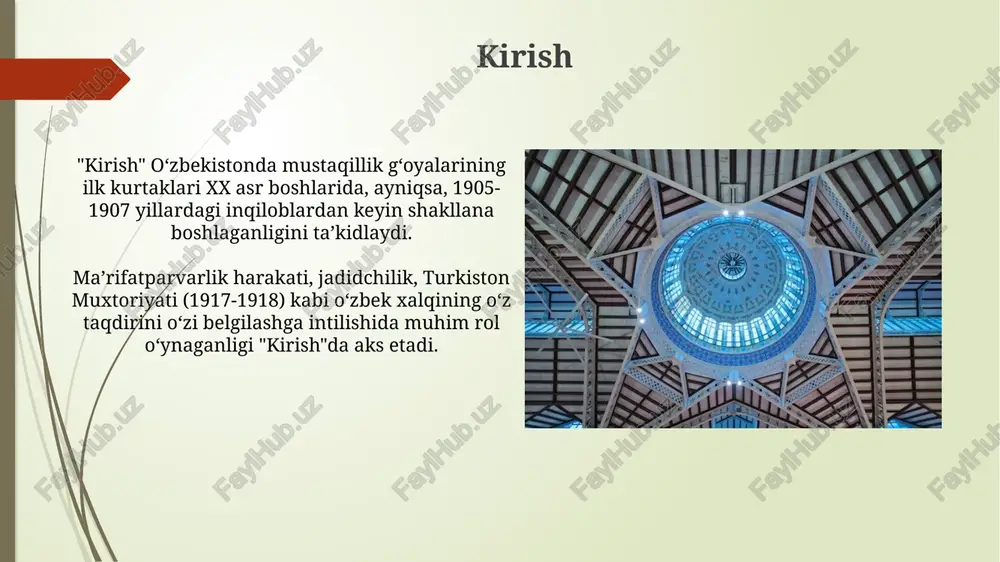 taqillik deklaratsiyasi, 1990-yil 20-iyunda qabul qilingan, oʻzbekiston ssrning suverenitetini eʼlon qilib, respublikaning oʻz taqdirini oʻzi belgilash huquqini tasdiqladi. deklaratsiya oʻzbekiston hududida respublika konstitutsiyasi va qonunlarining ustunligini belgilab, ittifoq qonunlarining respublika manfaatlariga zid qismlarini toʻxtatib qoʻyish huquqini berdi. xulosa "xulosa" bo'limi, tadqiqotning yakuniy qismi sifatida, o'rganilgan mustaqillik g'oyalarining 19-20-asrlardagi rivojlanish tendensiyalarini umumlashtirib, ularning ahamiyatini ochib beradi. "xulosa" qismi, o'zbek ziyolilarining turkiston jadidchilik harakatidagi (taxminan 1900-1930 yillar) milliy o'zlikni anglash va davlatchilikni tiklashga qaratilgan urinishlarini tahlil qiladi. e'tiboringiz uchun rahmat image1.png image2.jpg image3.jpg image4.jpg image5.jpg image6.jpg image7.jpg image8.jpg image9.jpg image10.jpg image11.jpg image12.jpg