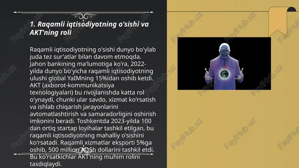 me/slaydai_bot ma'lumotlar analitikasi raqamli iqtisodiyotning o'sishida muhim rol o'ynaydi. tadqiqotlarga ko'ra, ma'lumotlar boshqaruvi va tahlili global iqtisodiyotga har yili 10 trillion dollardan ortiq hissani qo'shishi kutilmoqda. 2020 yilda statistik ma'lumotlar ko'rsatganidek, raqamli ma'lumotlar bazalari bilan ishlaydigan kompaniyalar daromadlarini 5-10% ga oshirishlari mumkin. shuningdek, ma'lumotlar analitikasi biznes operatsiyalarida 25% ga qadar samaradorlikni yaxshilab, xarajatlarni kamaytirishga imkon beradi. mckinsey global institute bergan ma'lumotlarga ko'ra, ma'lumotlar analitikasiga sarmoya kiritgan tashkilotlar raqobatbardoshlikni sezilarli ravishda oshiradi. ... t.me/slaydai_bot 7. bulutli texnologiyalar va raqamli biznes bulutli texnologiyalar va raqamli biznes o'lchamlari har yili ortib bormoqda. 2023 yilda, global bulutli hisoblash bozori hajmi 600 milliard aqsh dollaridan oshdi. ushbu texnologiyalar orqali kompaniyalar ma'lumotlarini xavfsiz saqlash, tezkor ishlov berish va samaradorlikni oshirish imkoniyatiga ega. raqamli biznes sohasida, elektron tijorat savdolari hajmi 2023 yilda 5 trillion dollardan oshdi. bulutli xizmatlar kompaniyalarga it xarajatlarini kamaytirishga yordam beradi, bu orqali ular raqobatda ustunlikka erishadi. o'zbekistonda ham bulutli texnologiyalardan foydalanish jadal sur'atlarda …